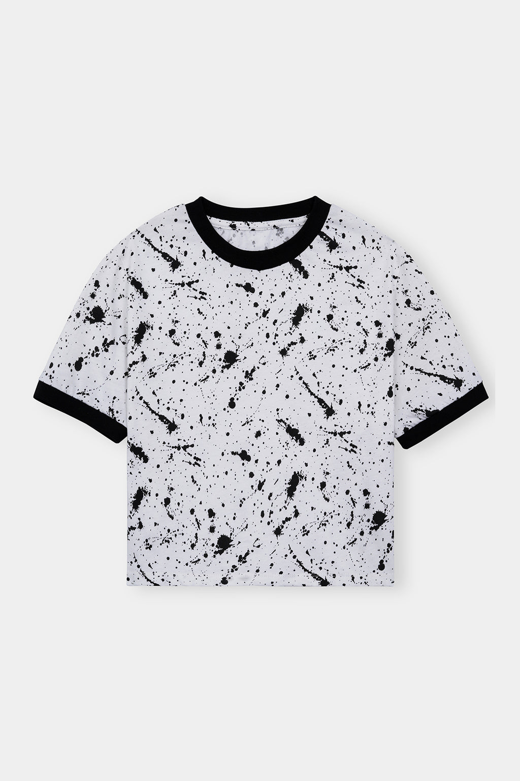 Women' White & Black Splatter Print T-Shirt – Contrast Neck & Sleeves