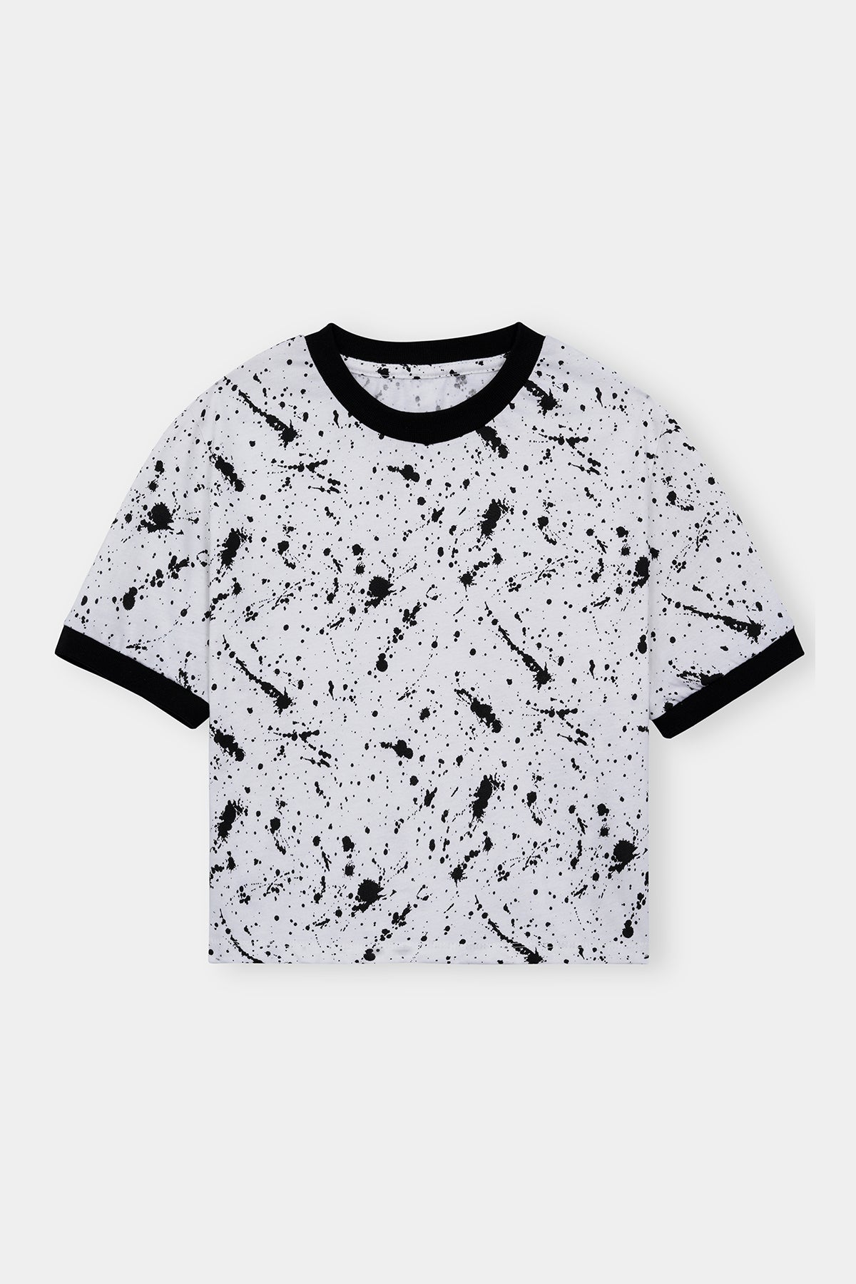 Women' White & Black Splatter Print T-Shirt – Contrast Neck & Sleeves