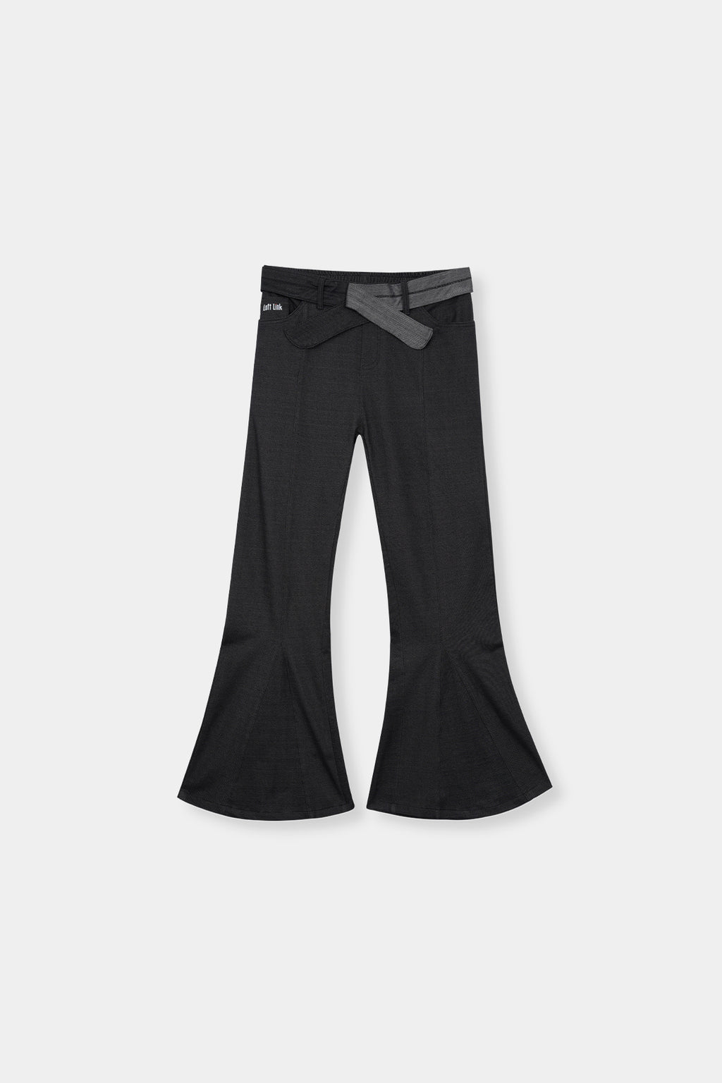 High-Waisted Flared Trousers with Contrast Belt – Charcoal Black by Loft Link