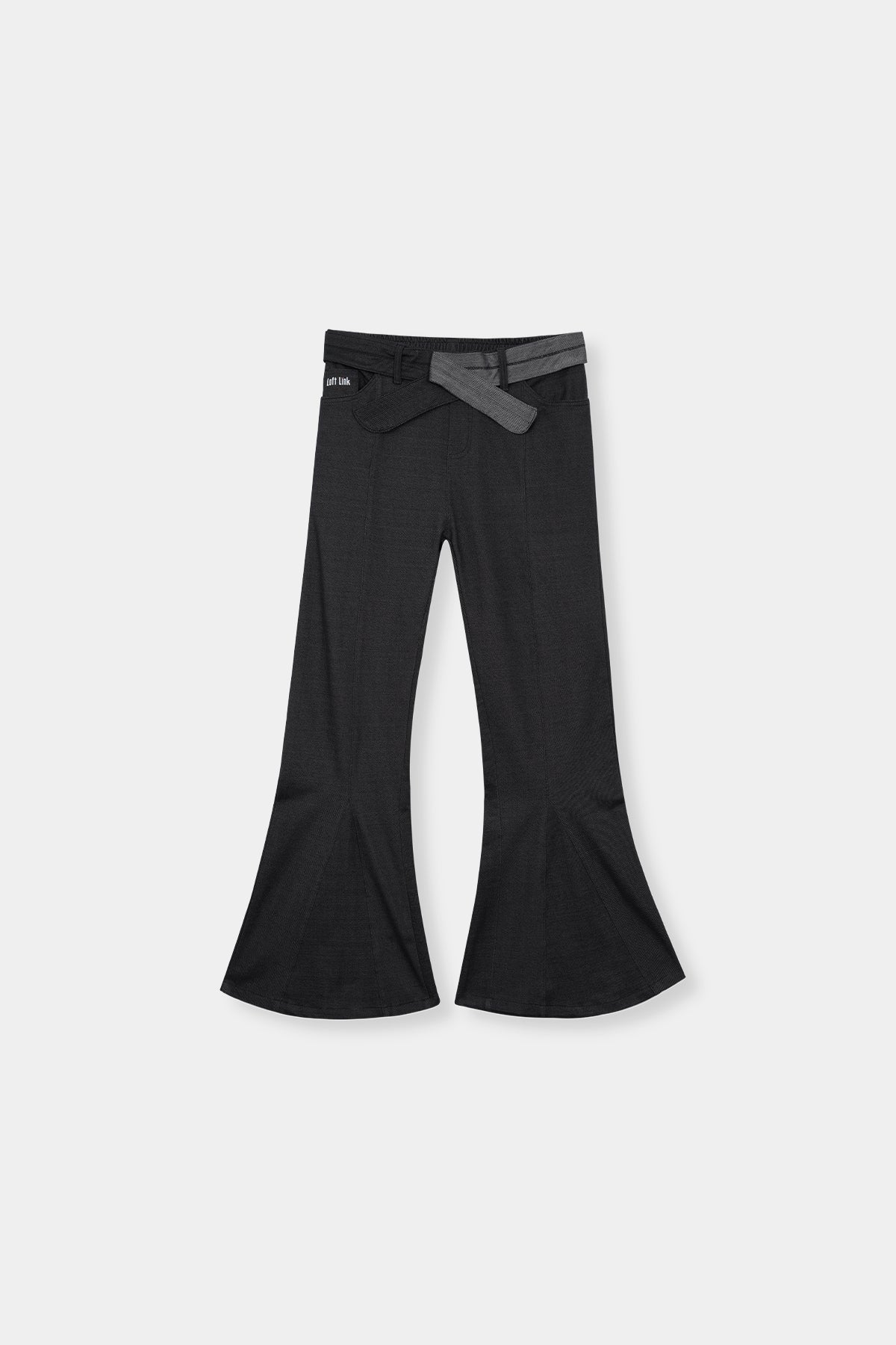 High-Waisted Flared Trousers with Contrast Belt – Charcoal Black by Loft Link