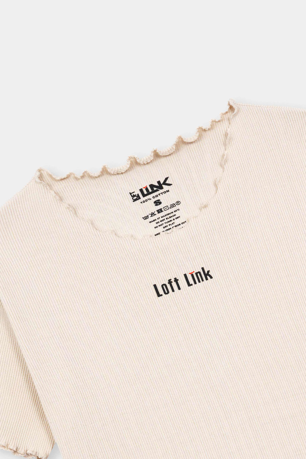 Women' Beige Ribbed Tee – Lettuce Hem & "Loft Link" Branding
