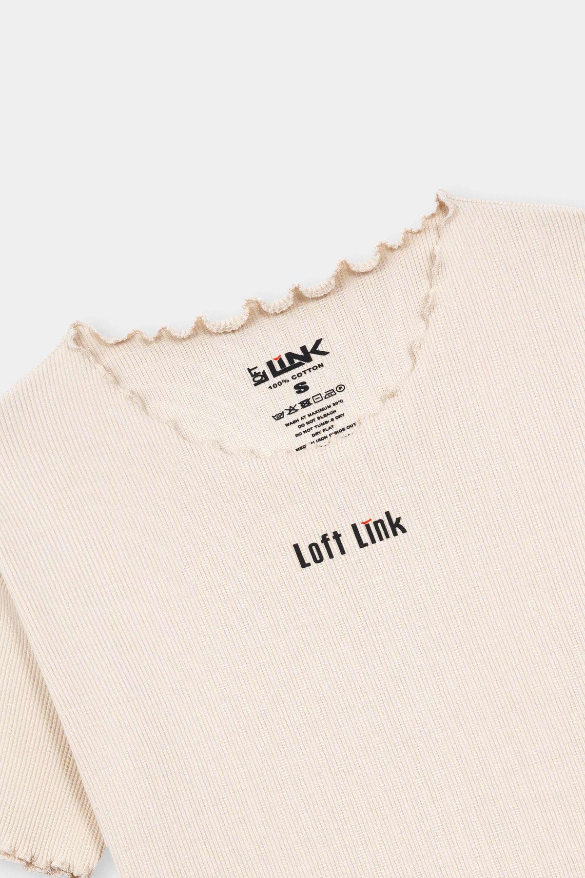 Women' Beige Ribbed Tee – Lettuce Hem & "Loft Link" Branding