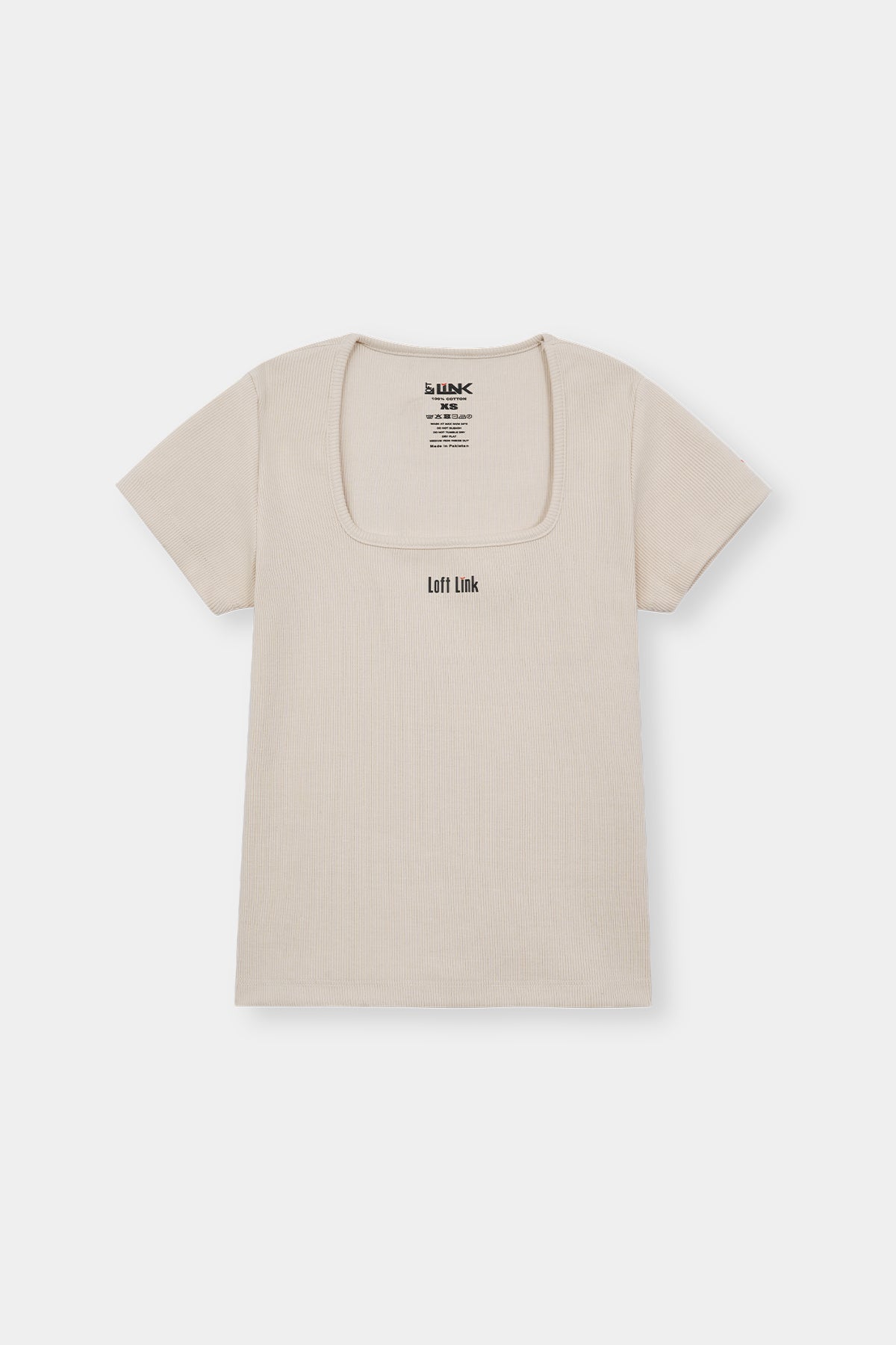Women Beige Square Neck Ribbed Tee – Minimalist Fit with Loft Link Signature
