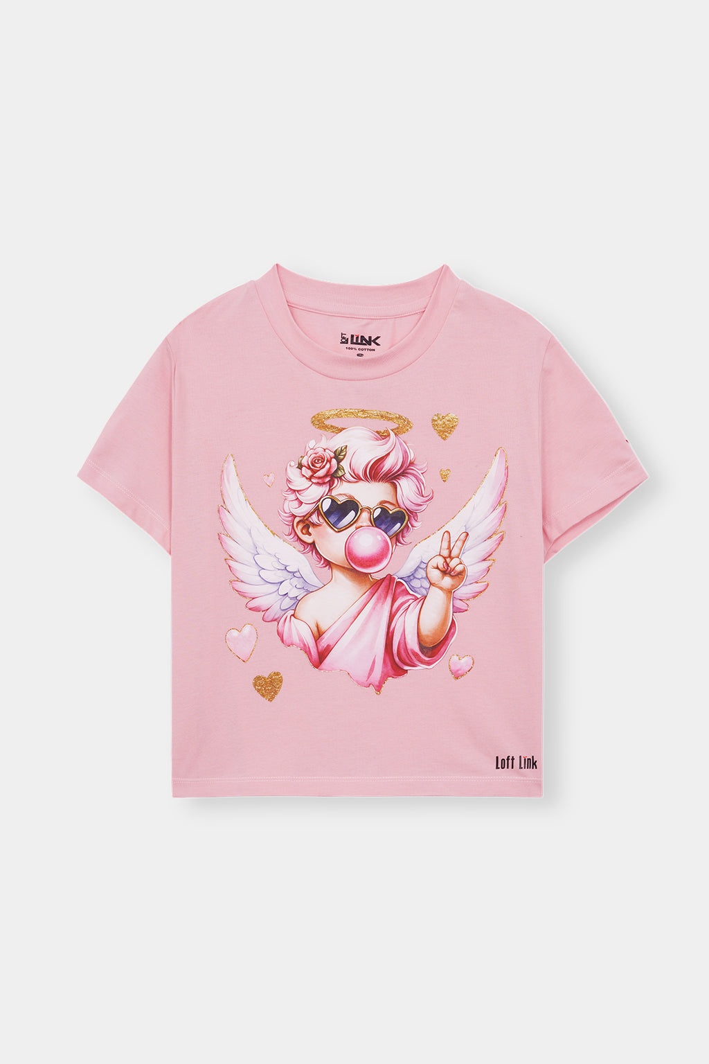 Pink Angel Vibe Tee – Cute Cartoon Cupid Graphic with Glitter Hearts by Loft Link