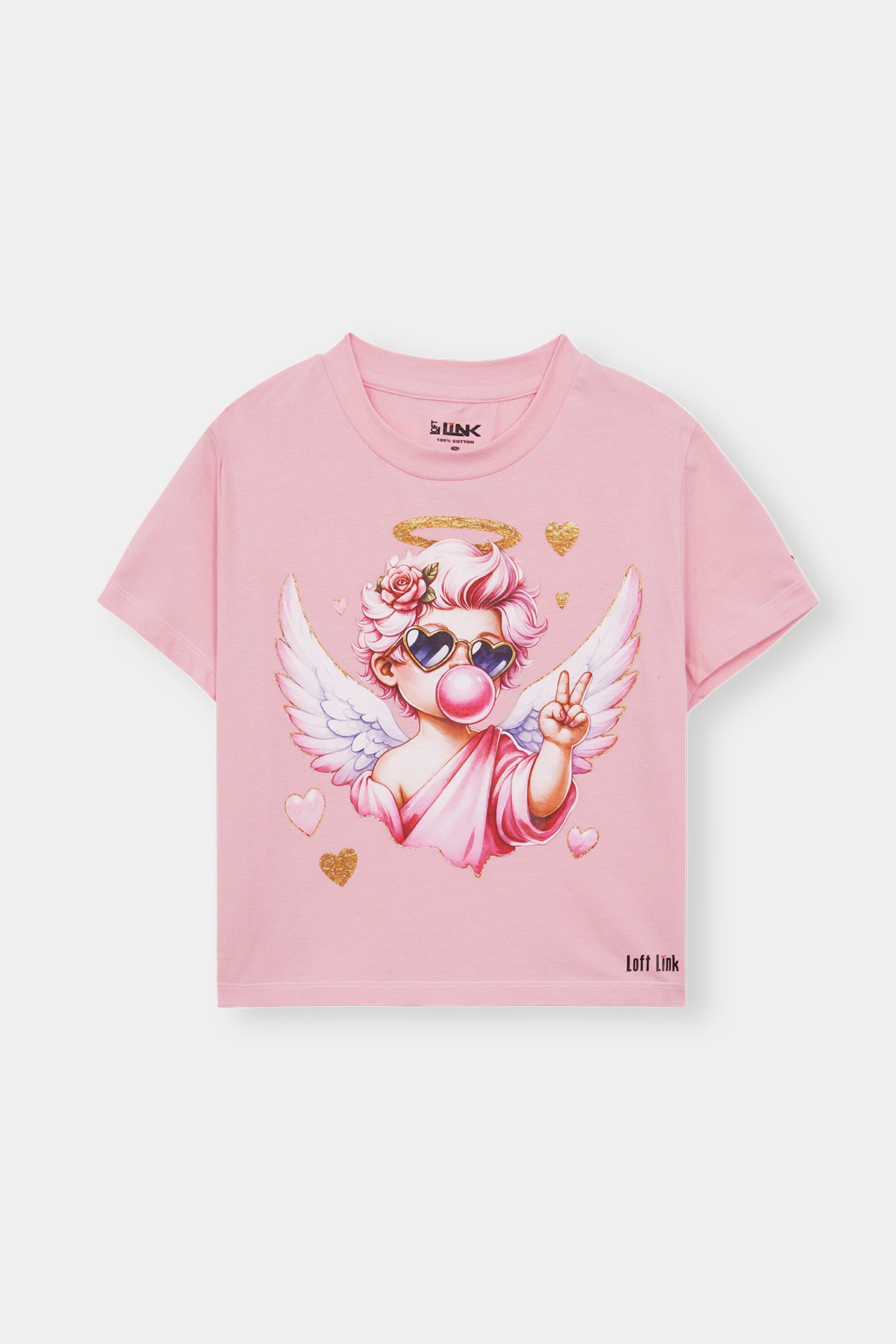 Pink Angel Vibe Tee – Cute Cartoon Cupid Graphic with Glitter Hearts by Loft Link