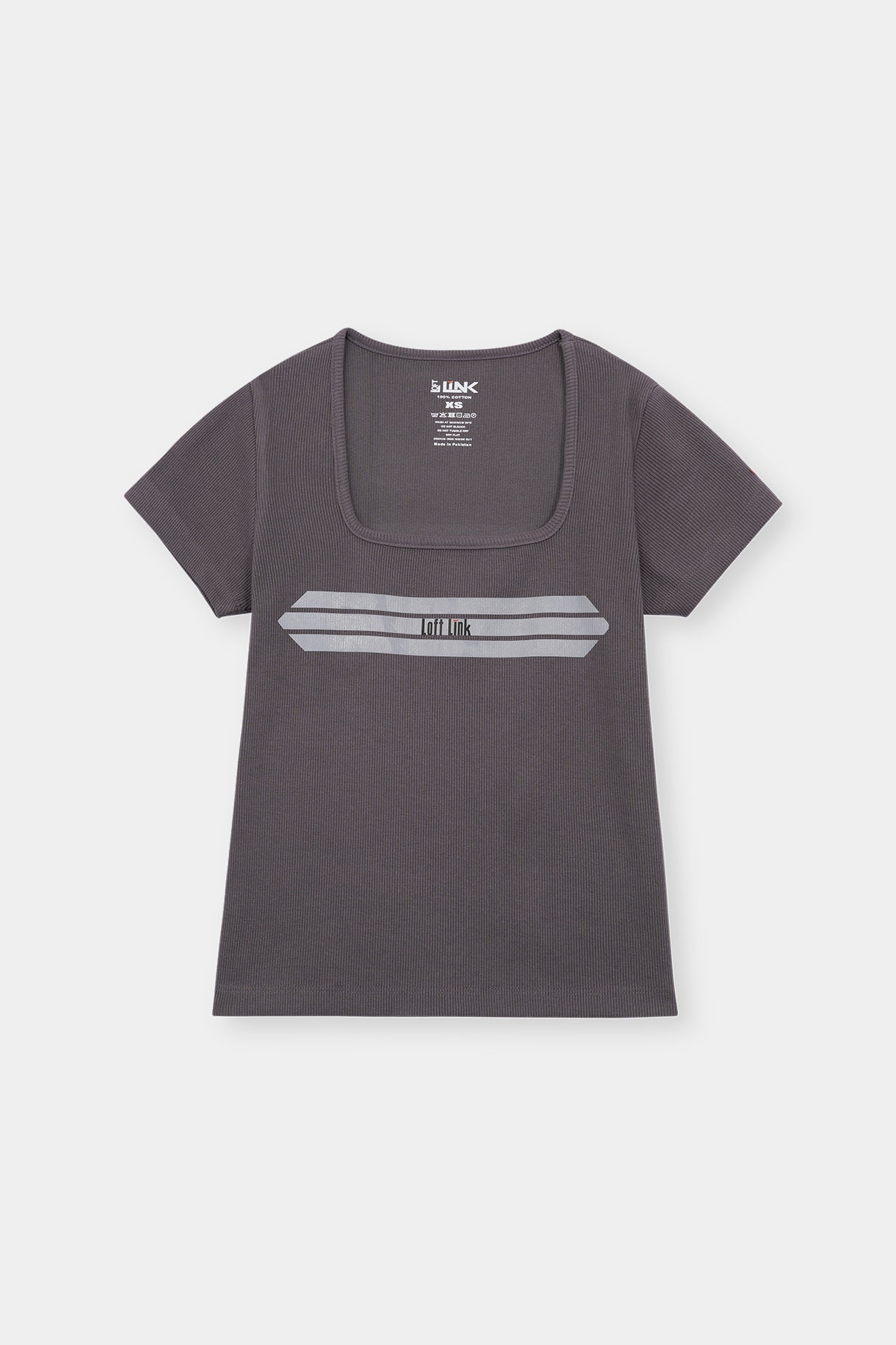 Charcoal Ribbed Tee – Square Neck with Reflective Loft Link Graphic Stripes