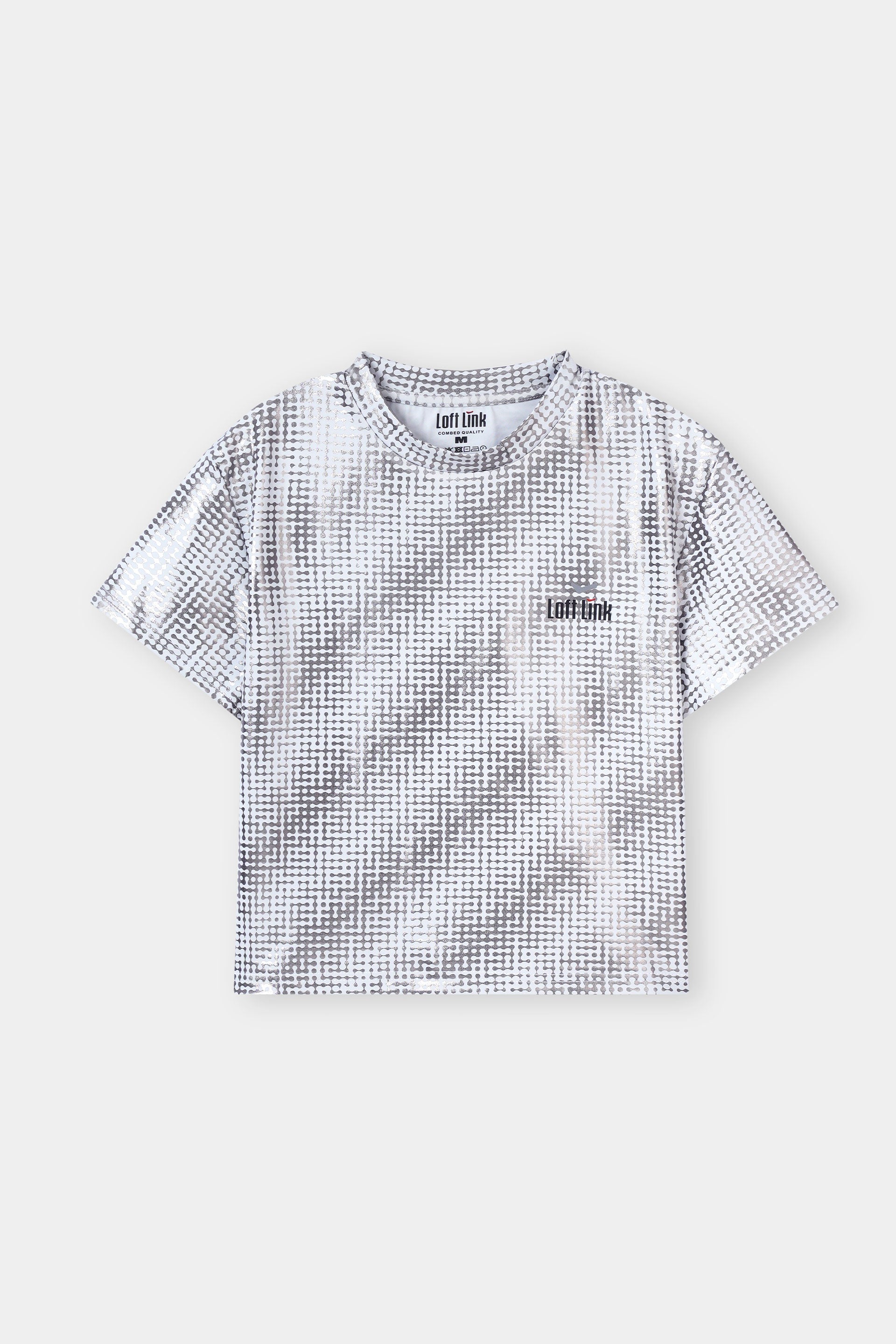 Short Sleeve Wintage off white Breathable StretchabLE Fbaric with Antiune Silver Print