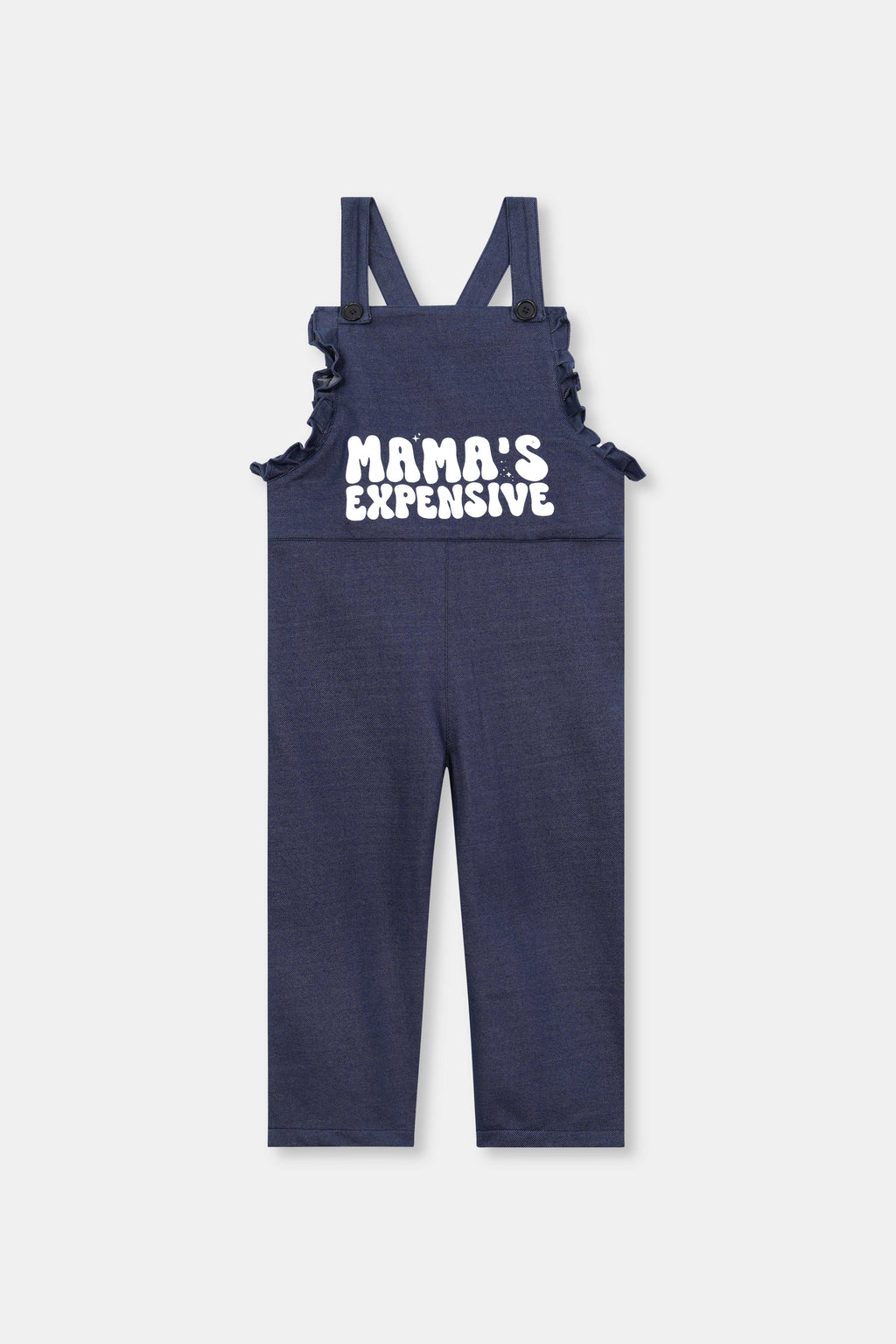 Girl ' Navy Blue Dungaree – "Mama’s Expensive" Print with Ruffle Detail