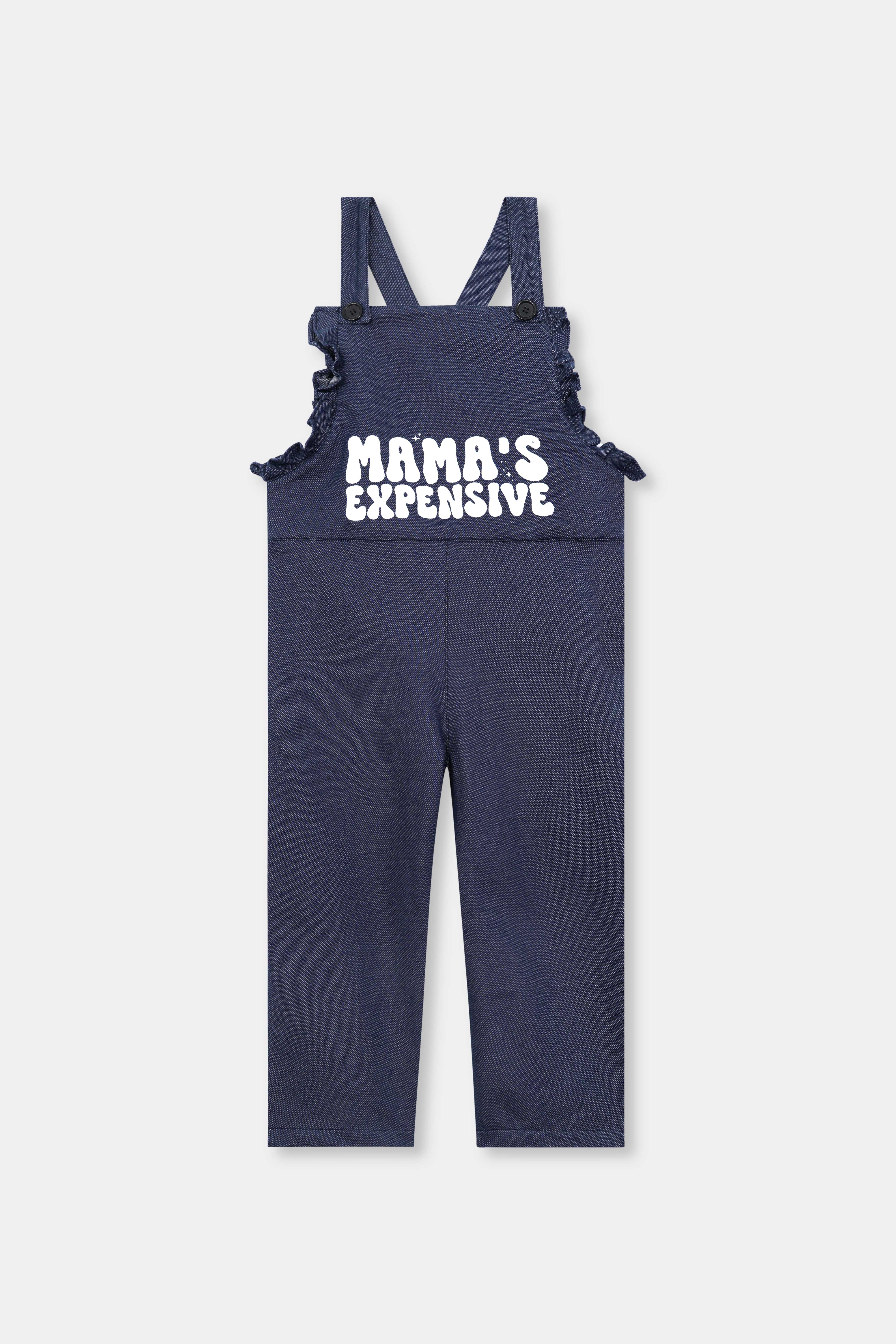 Girl ' Navy Blue Dungaree – "Mama’s Expensive" Print with Ruffle Detail