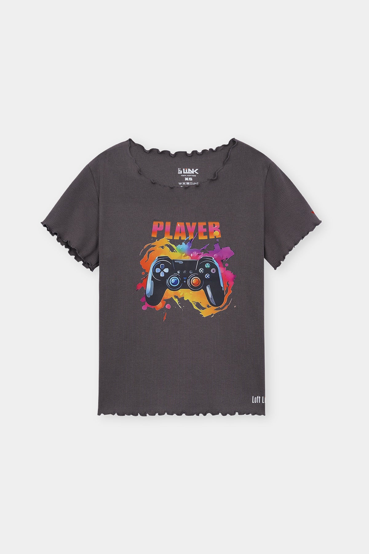 Women Charcoal Frill-Edge Gamer Tee – “Player” Print with Neon Controller Graphic