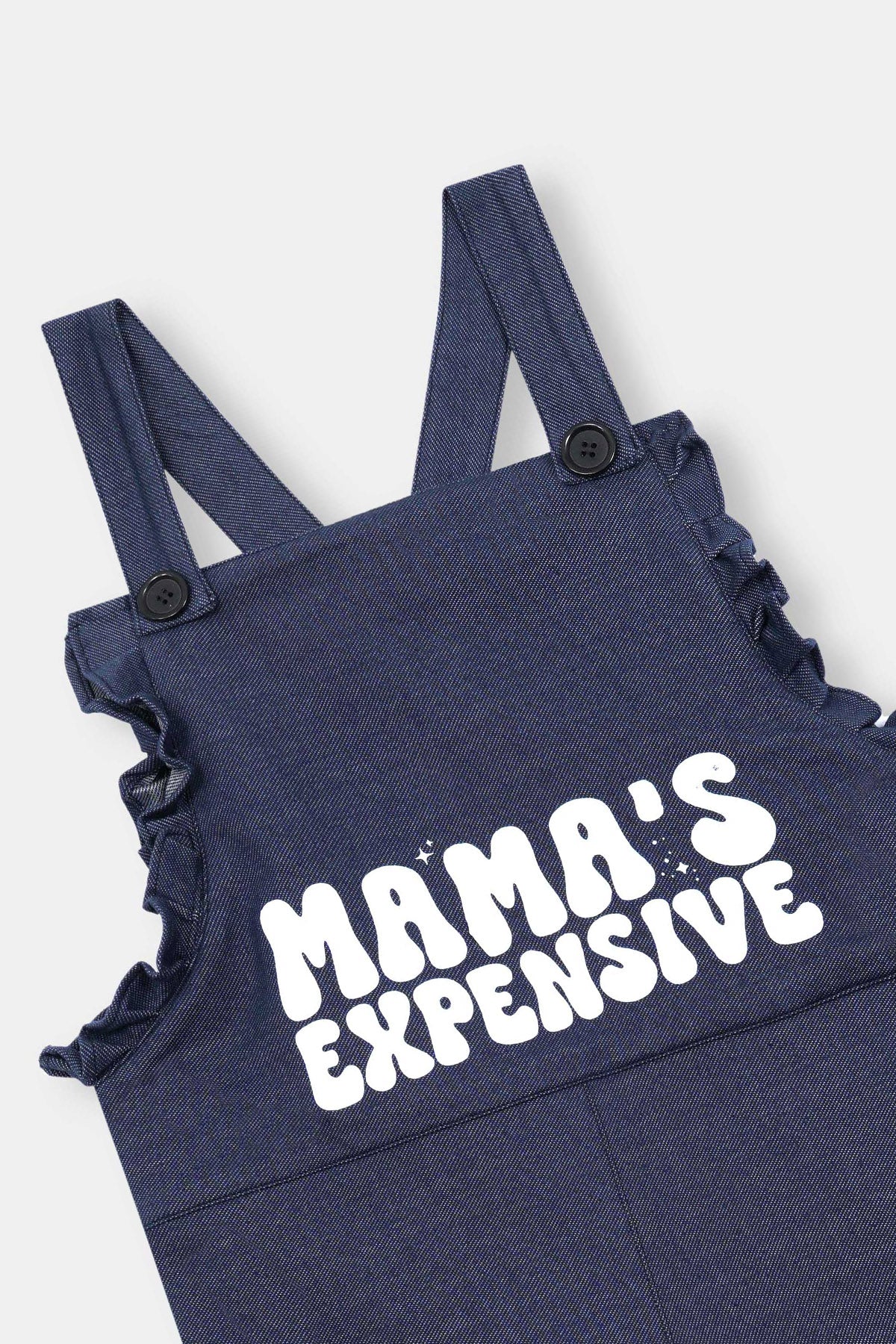 Girl ' Navy Blue Dungaree – "Mama’s Expensive" Print with Ruffle Detail