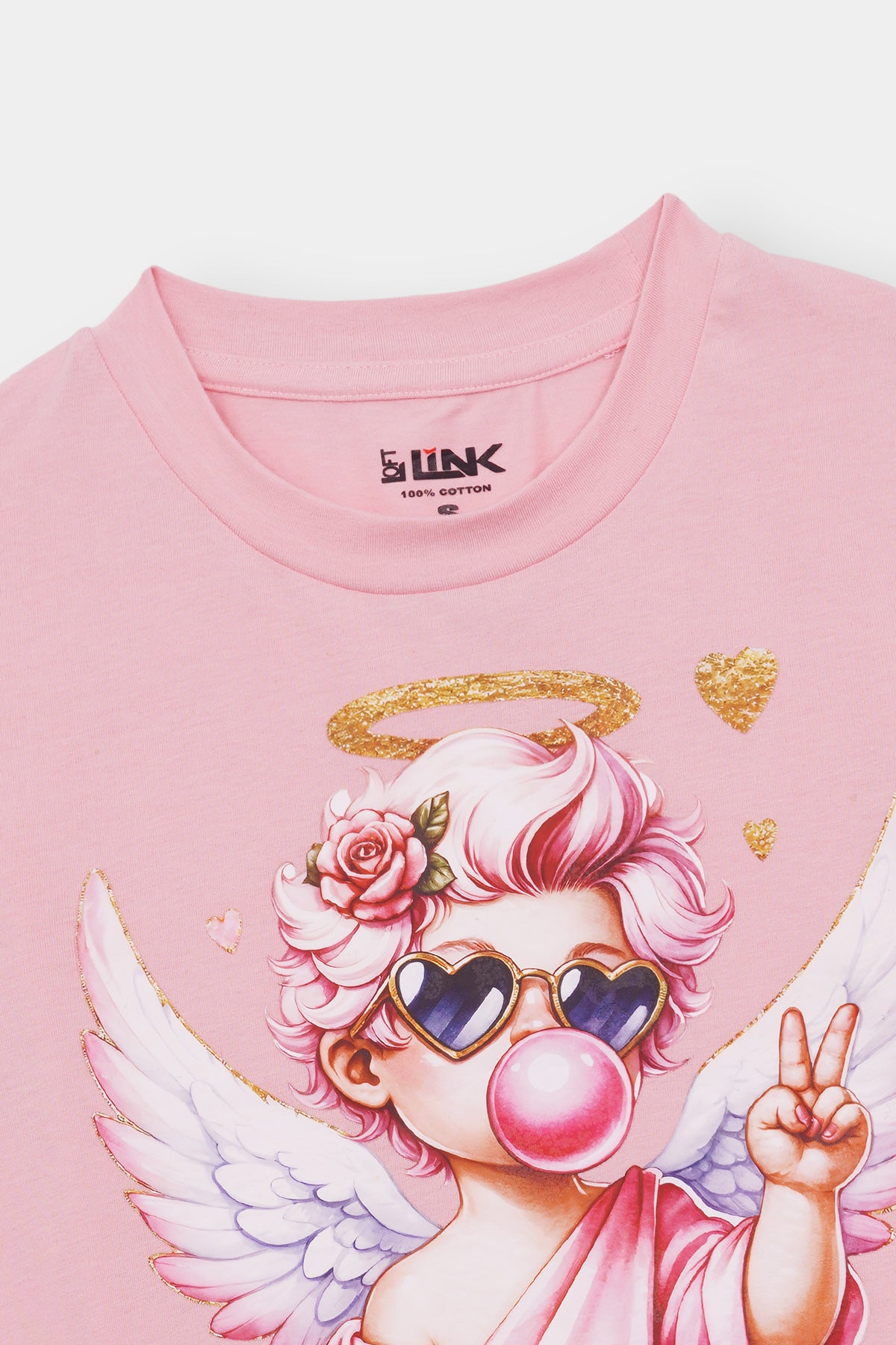Pink Angel Vibe Tee – Cute Cartoon Cupid Graphic with Glitter Hearts by Loft Link
