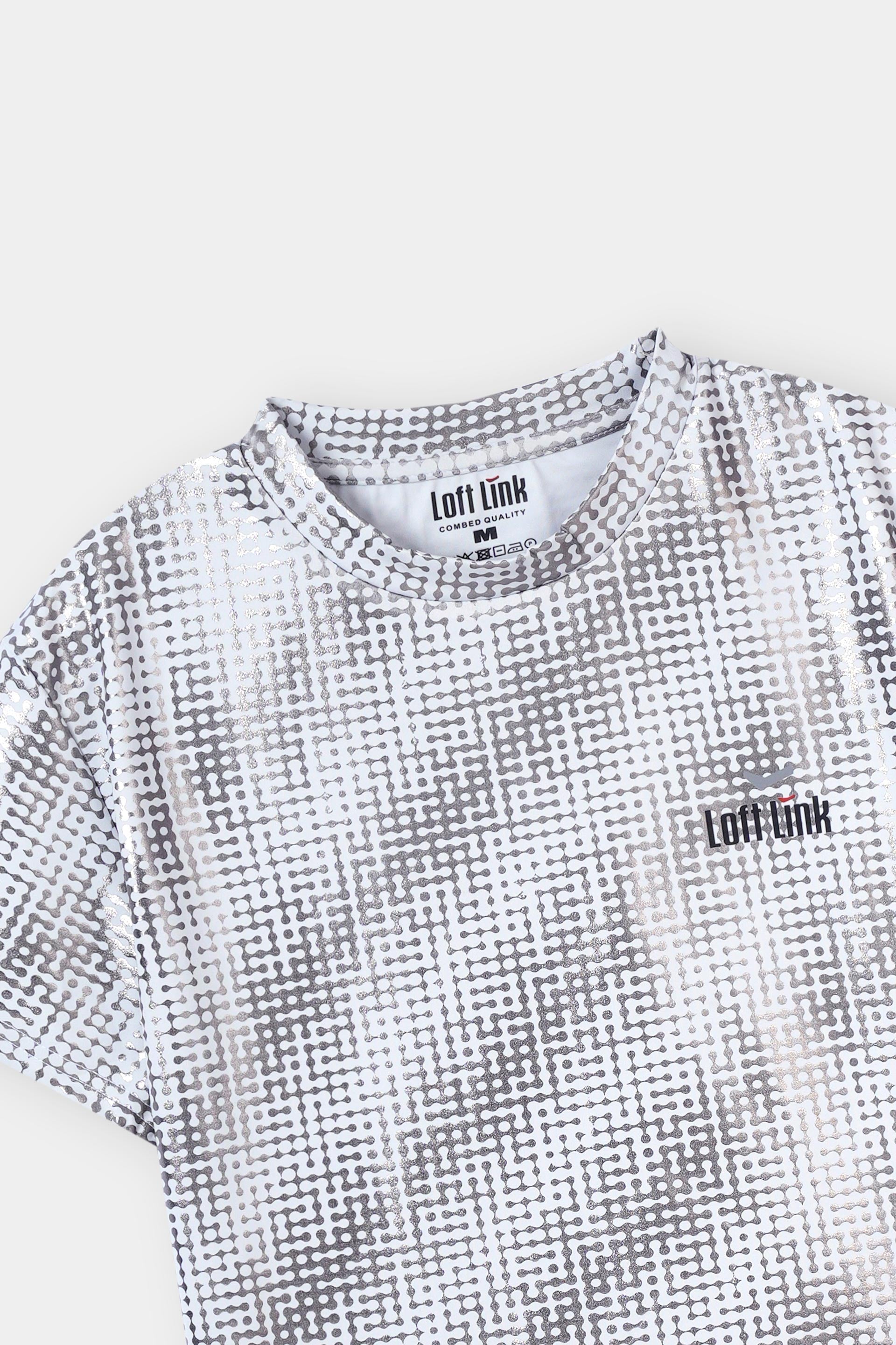 Short Sleeve Wintage off white Breathable StretchabLE Fbaric with Antiune Silver Print