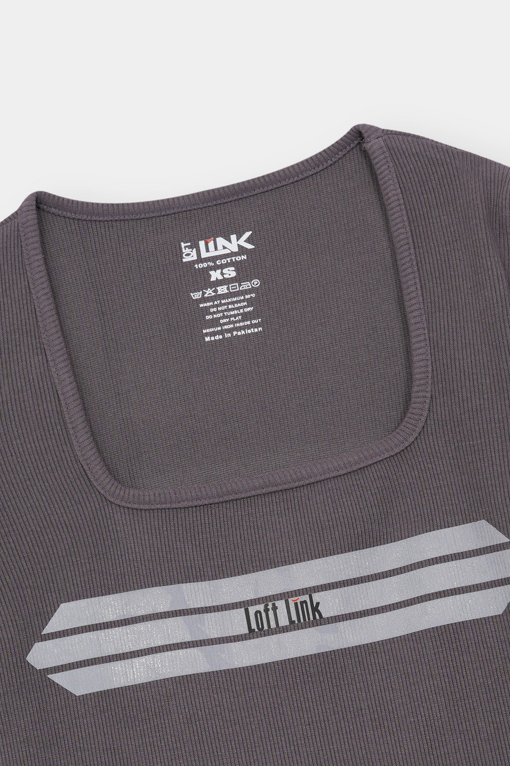 Charcoal Ribbed Tee – Square Neck with Reflective Loft Link Graphic Stripes