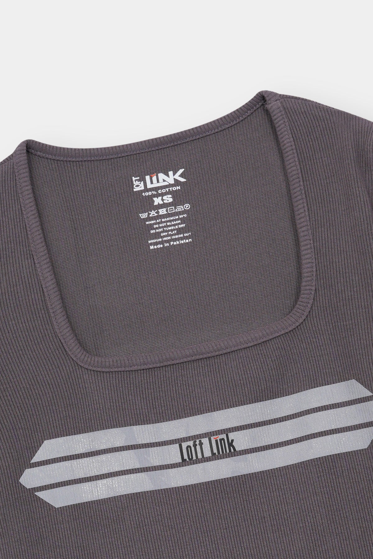 Charcoal Ribbed Tee – Square Neck with Reflective Loft Link Graphic Stripes