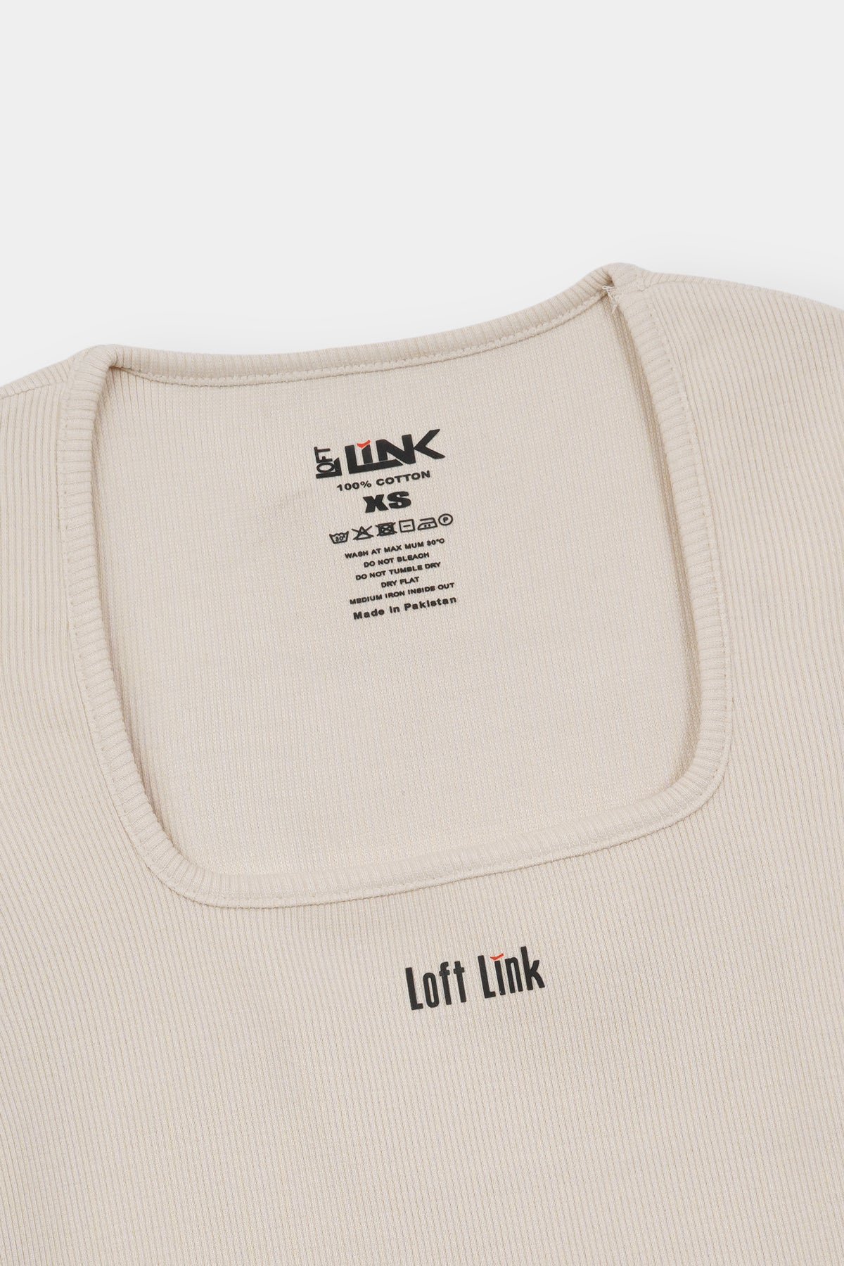 Women Beige Square Neck Ribbed Tee – Minimalist Fit with Loft Link Signature