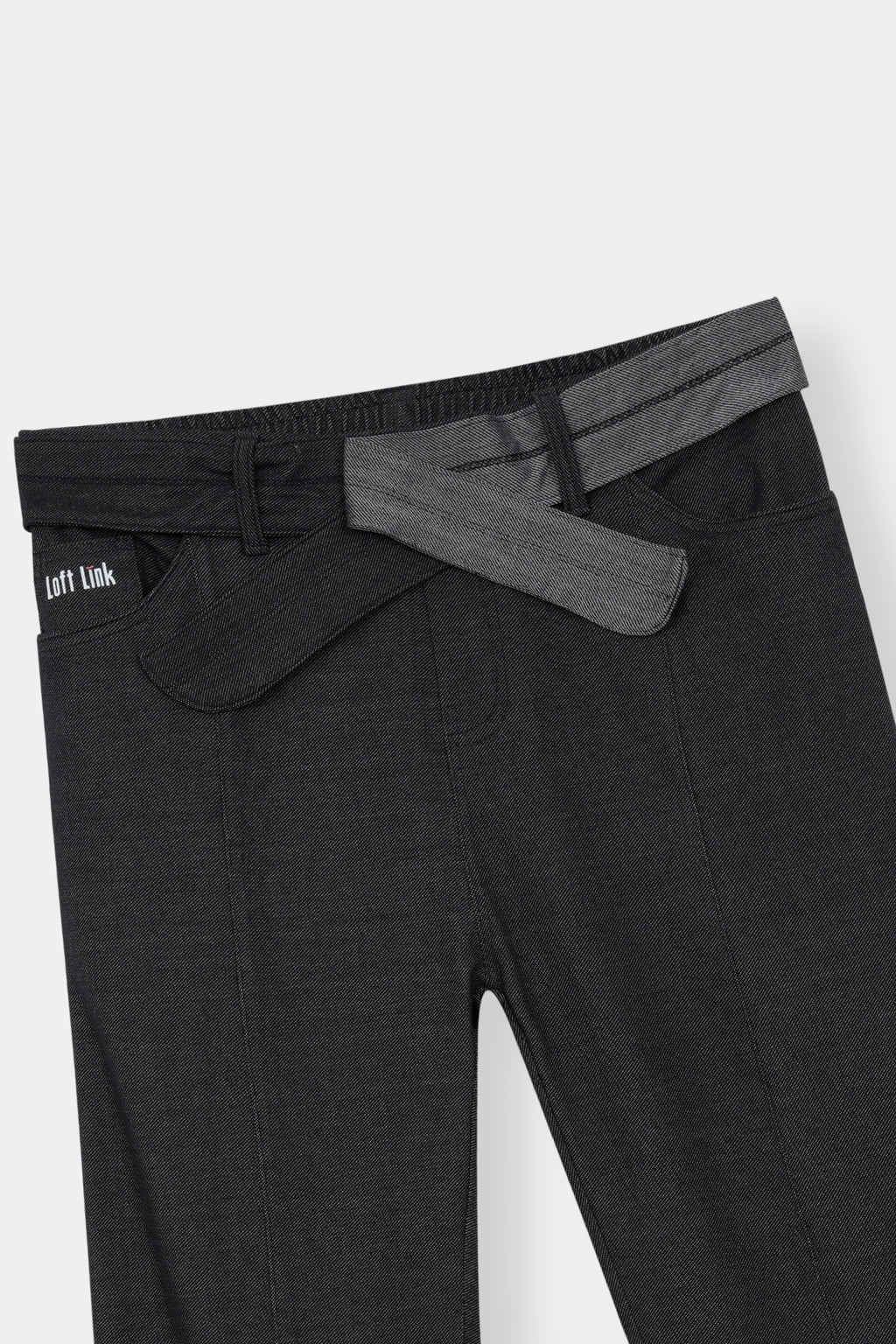 High-Waisted Flared Trousers with Contrast Belt – Charcoal Black by Loft Link