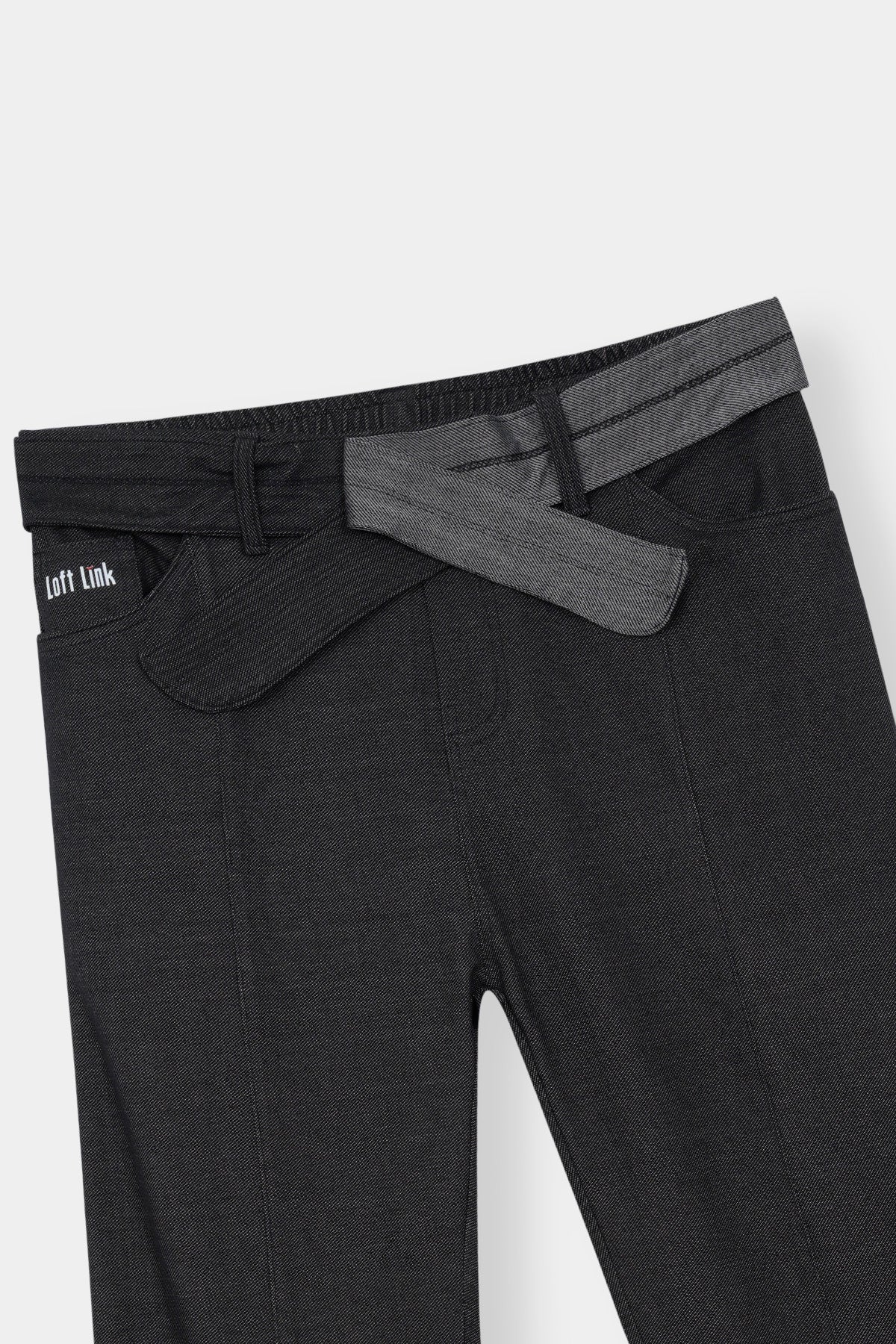 High-Waisted Flared Trousers with Contrast Belt – Charcoal Black by Loft Link