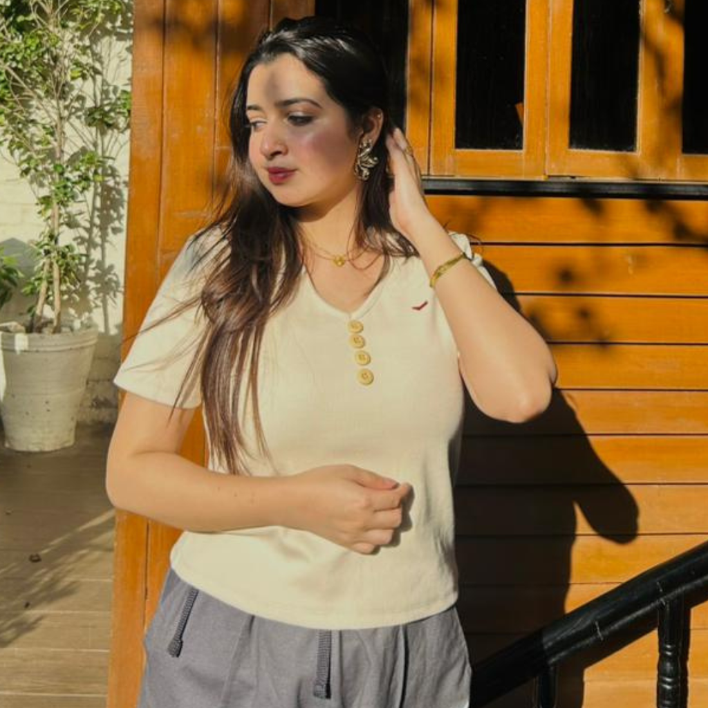 Short Sleeve Cream Color Buttoned V Neck With Shoulder Cut / Charcoal Black Denim Stretch Wide Leg Trouser