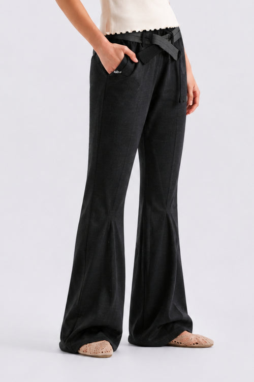 High-Waisted Flared Trousers with Contrast Belt