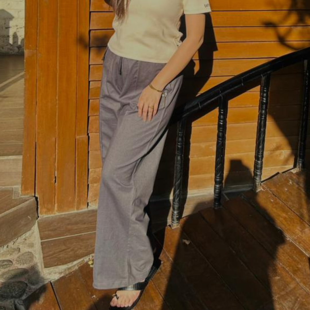 Short Sleeve Cream Color Buttoned V Neck With Shoulder Cut / Charcoal Black Denim Stretch Wide Leg Trouser