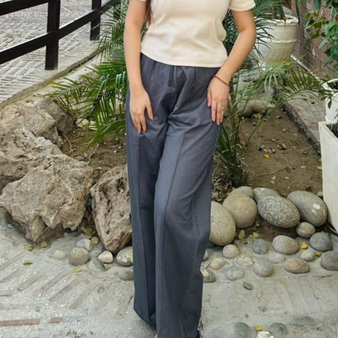 Short Sleeve Cream Color Buttoned V Neck With Shoulder Cut / Charcoal Black Denim Stretch Wide Leg Trouser