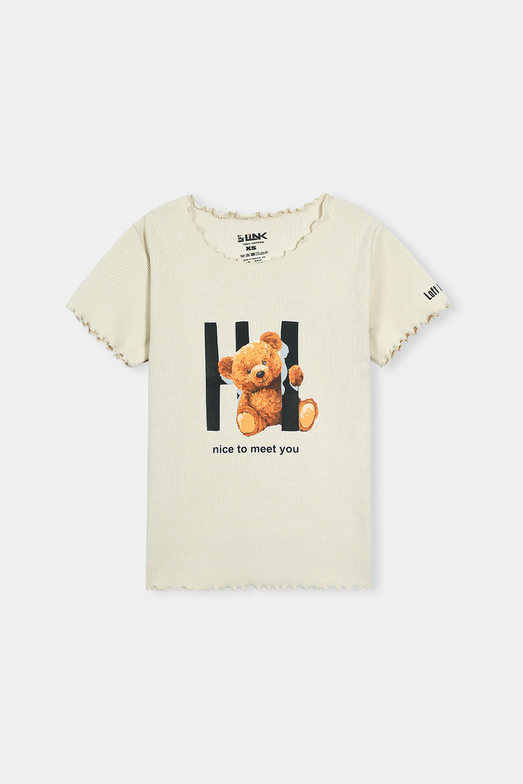 Women' Cream Ribbed T-Shirt with Teddy Print – "Nice to Meet You" Design