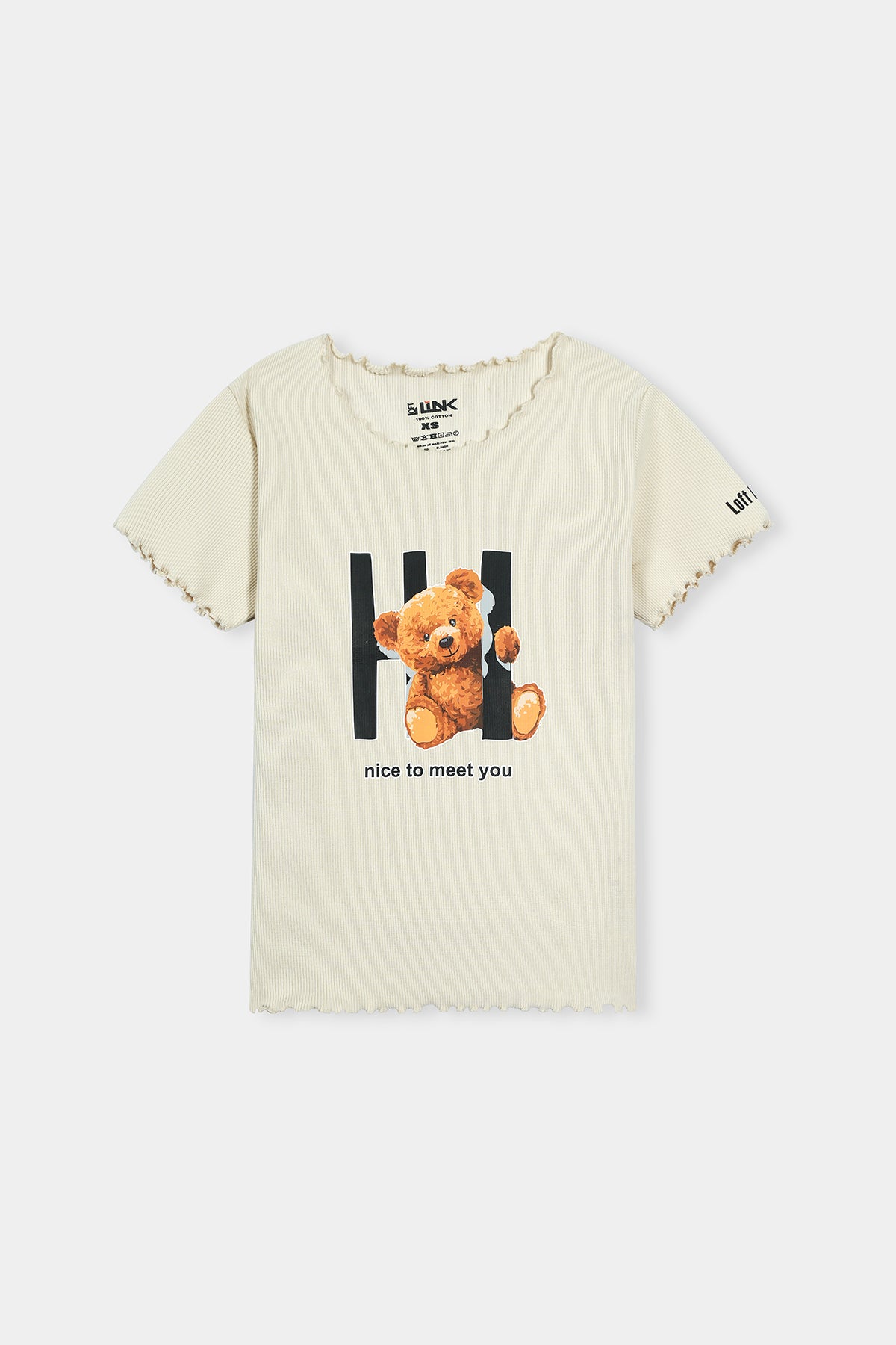 Women' Cream Ribbed T-Shirt with Teddy Print – "Nice to Meet You" Design