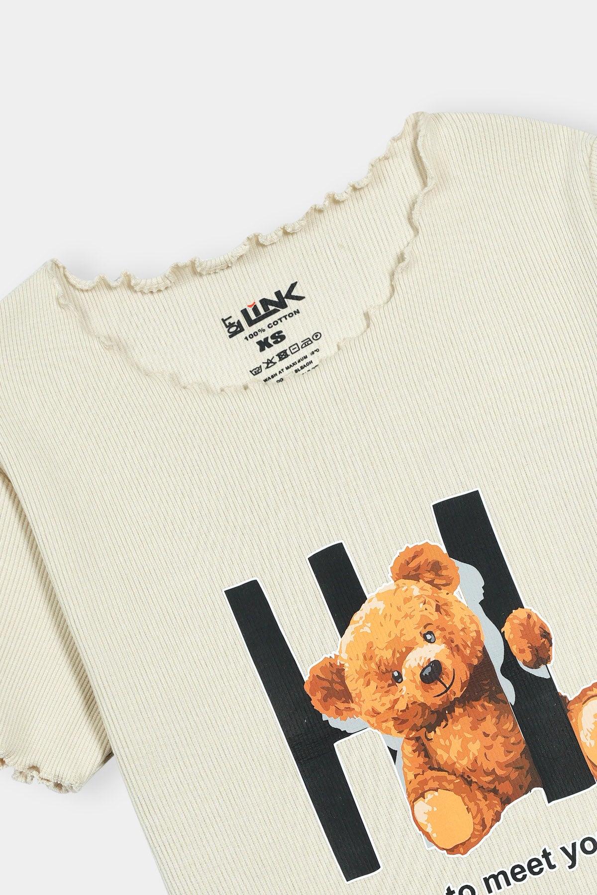 Women' Cream Ribbed T-Shirt with Teddy Print – "Nice to Meet You" Design