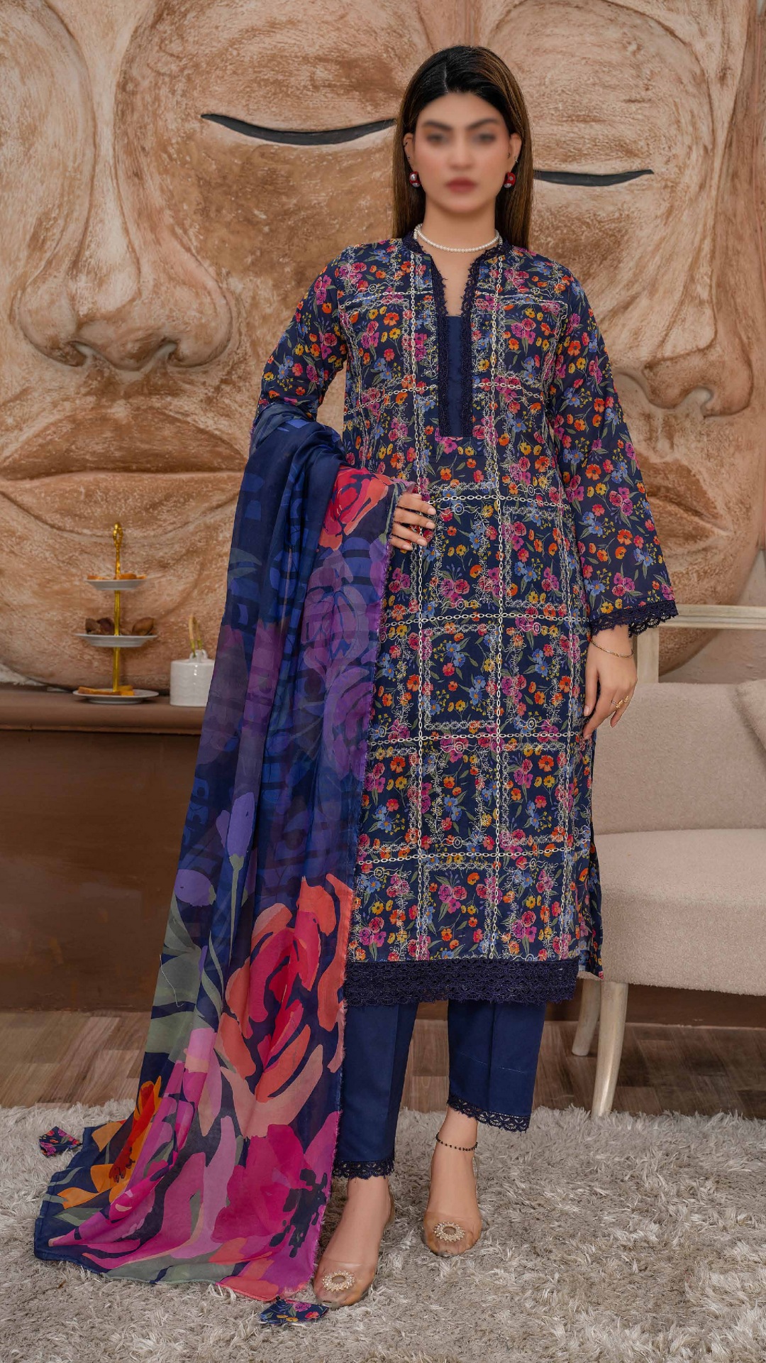 3 PC Chikankari Emroided Printed Lawn - LLS - 07