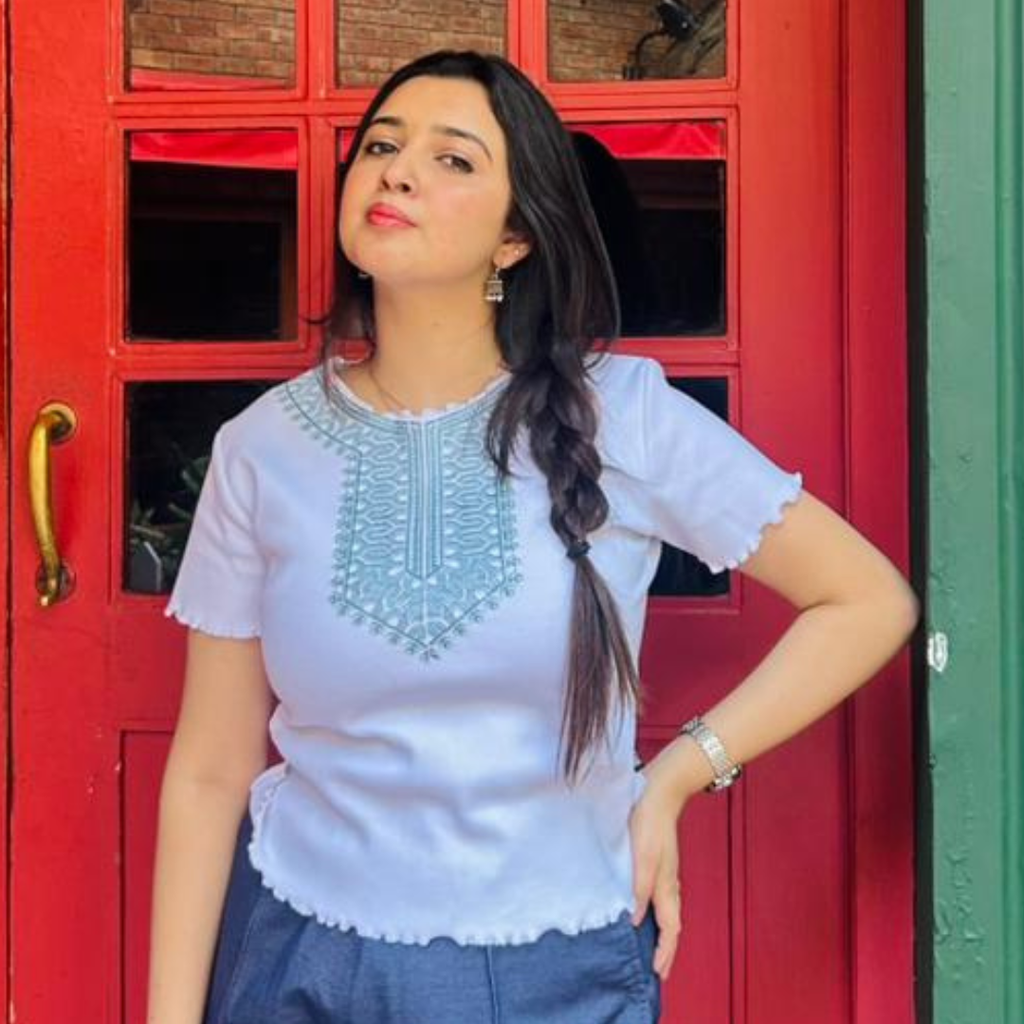 Short Sleeve Sky Blue Neck Align Galla Print Embroidery Look / Indigo Denim Stretch Wide leg Trouser