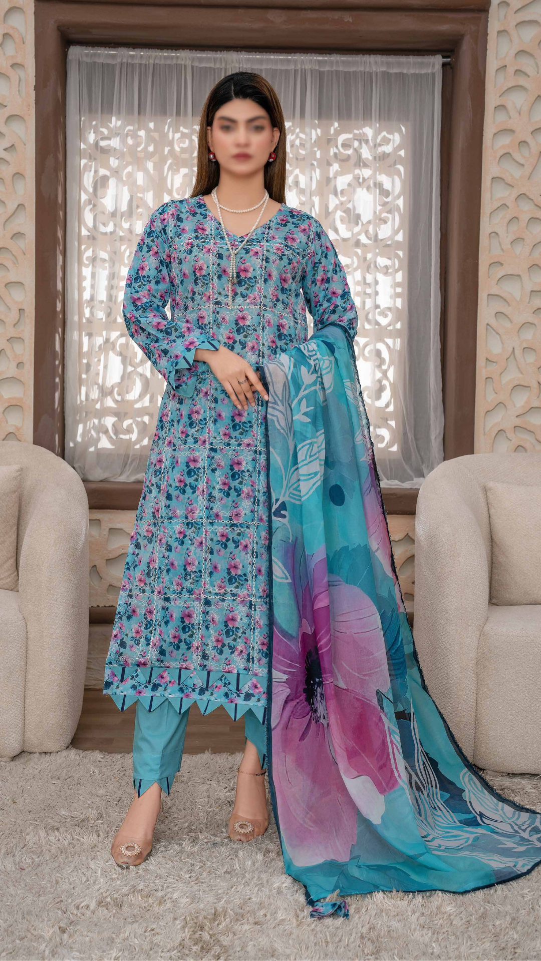 3 PC Chikankari Emroided Printed Lawn - LLS - 08