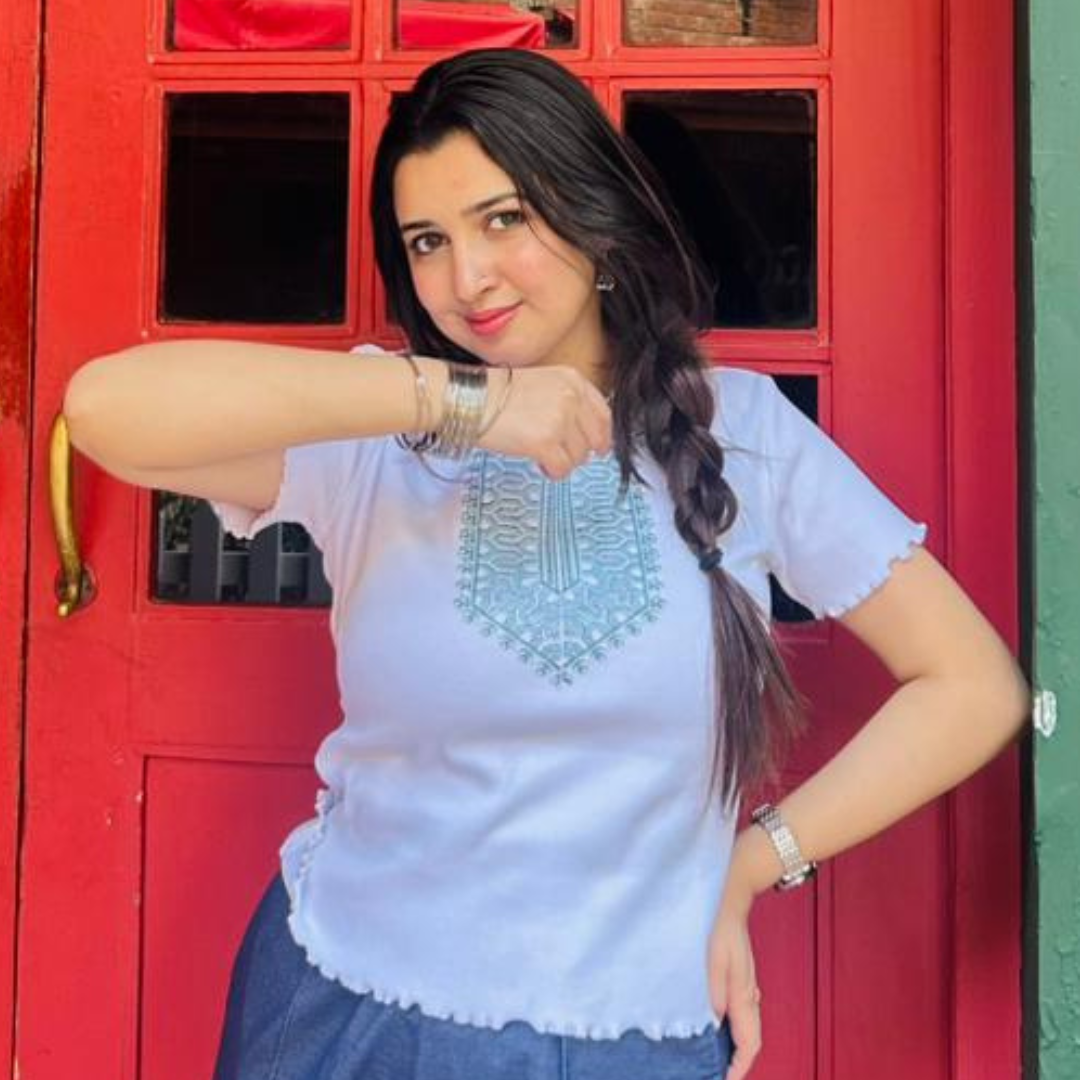 Short Sleeve Sky Blue Neck Align Galla Print Embroidery Look / Indigo Denim Stretch Wide leg Trouser