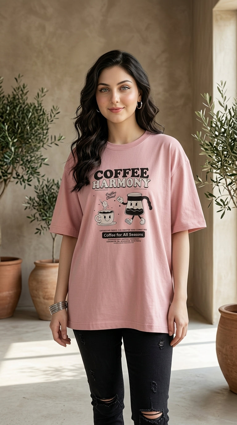 The "Coffee Harmony" Vintage Rose Graphic Oversized T-Shirt