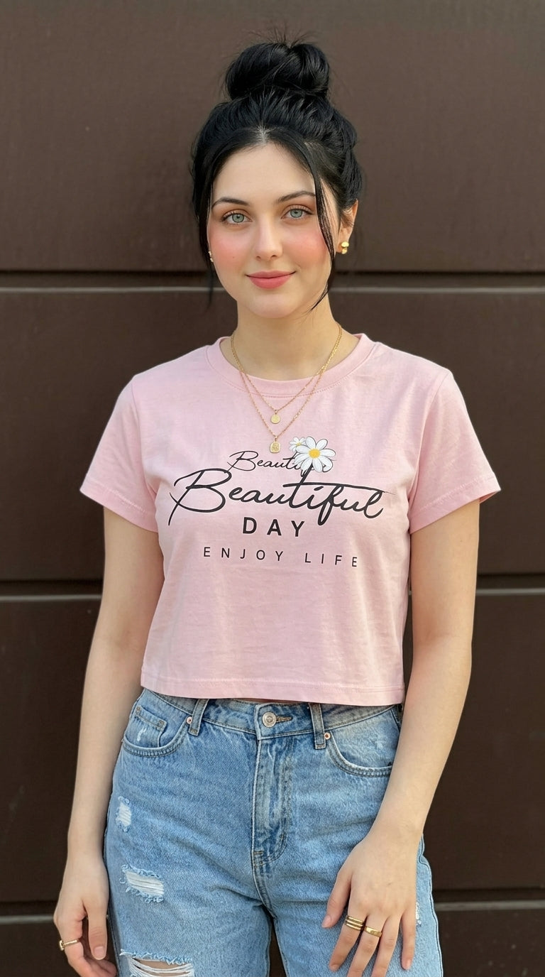 The "Beautiful Day" Pastel Pink Graphic Crop Top