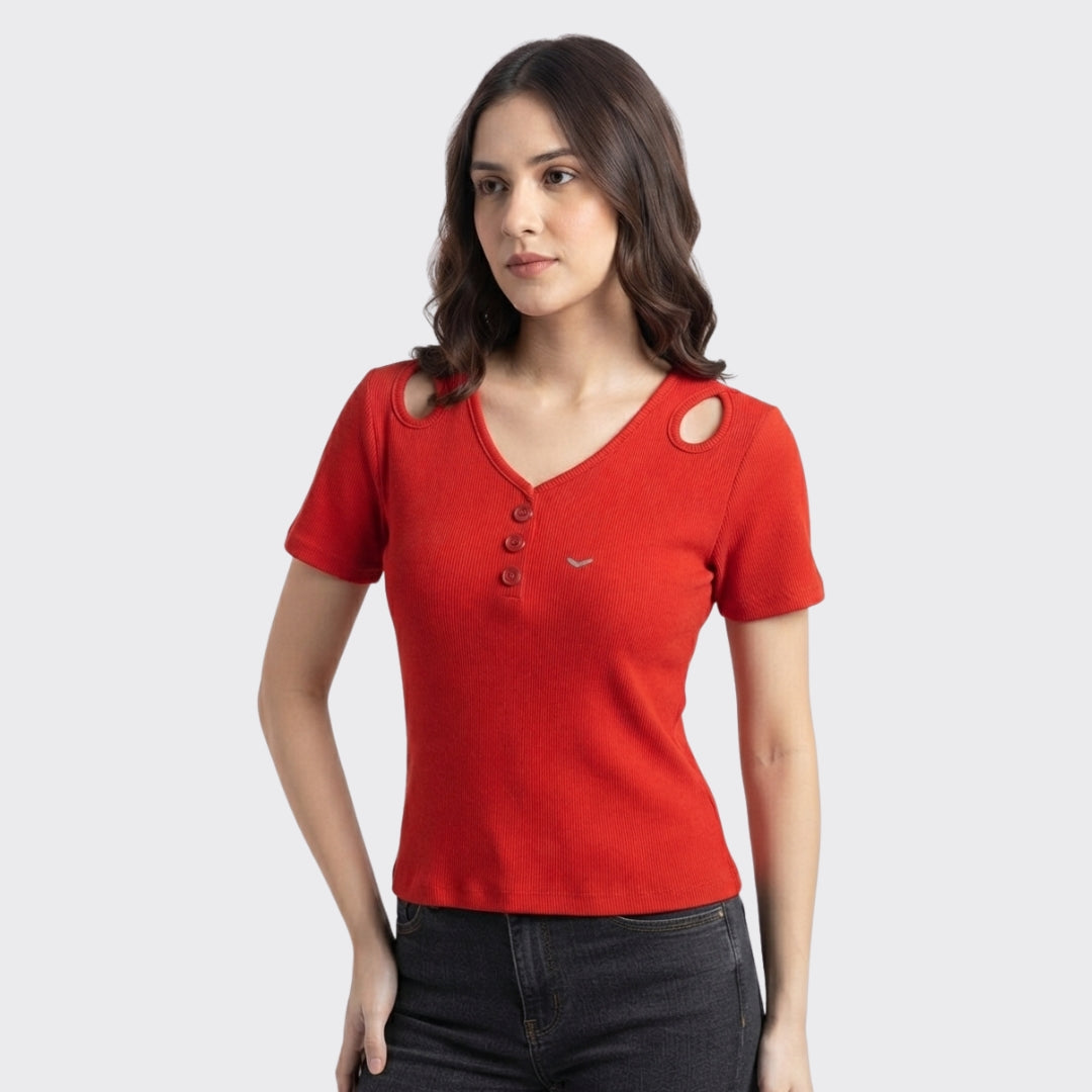 Rust Ribbed V Neck Button Crop Top 220 GSM
