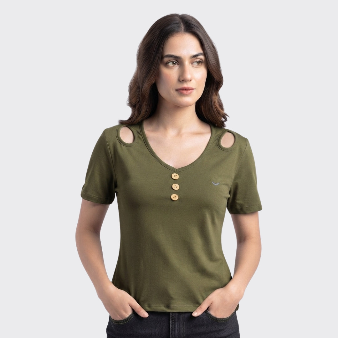 Olive Ribbed V Neck Crop Top 220 GSM