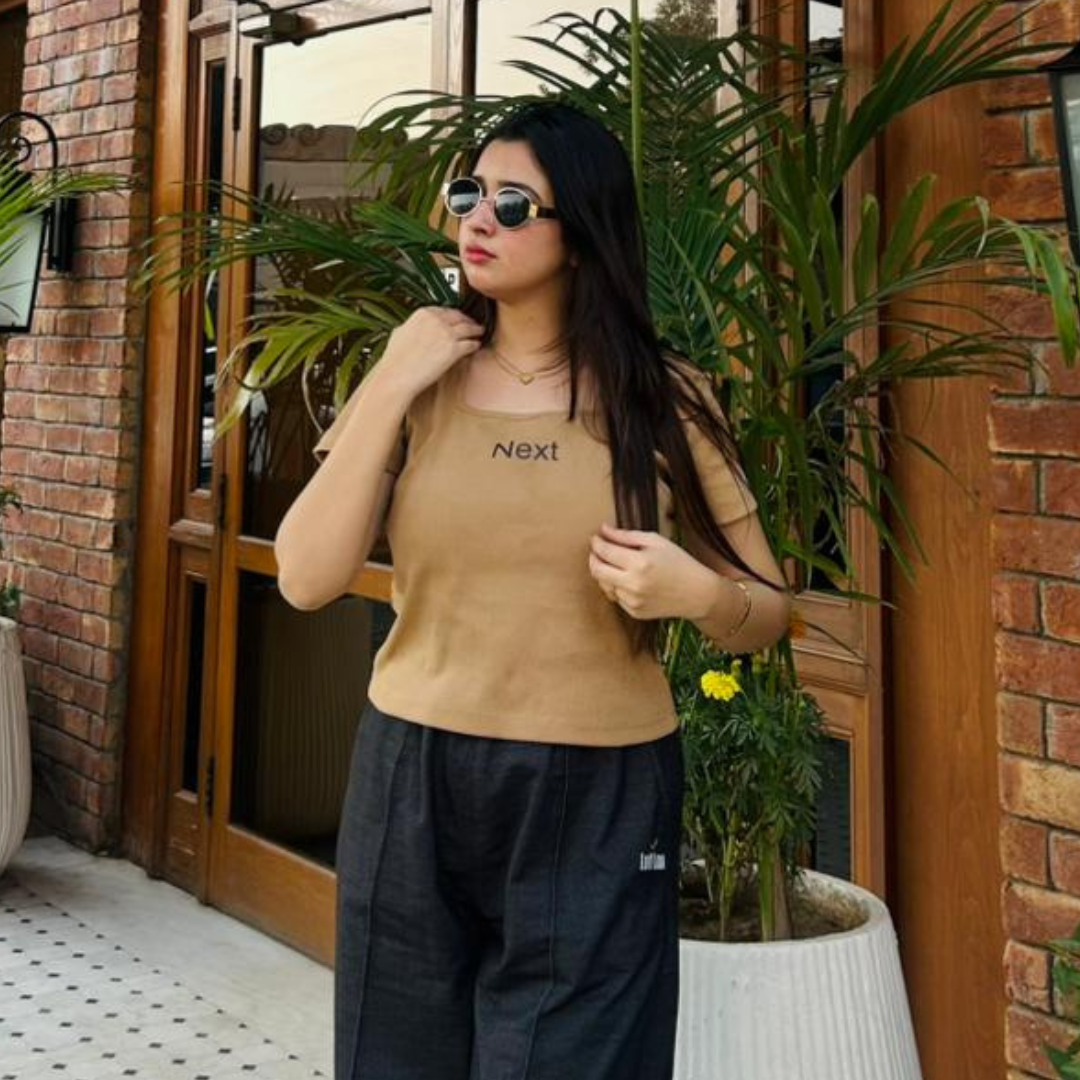 Short Sleeve Dark Olive Khaki Regular Square Neck Next Generation Print / Charcoal Black Denim Stretch Wide Leg Trouser