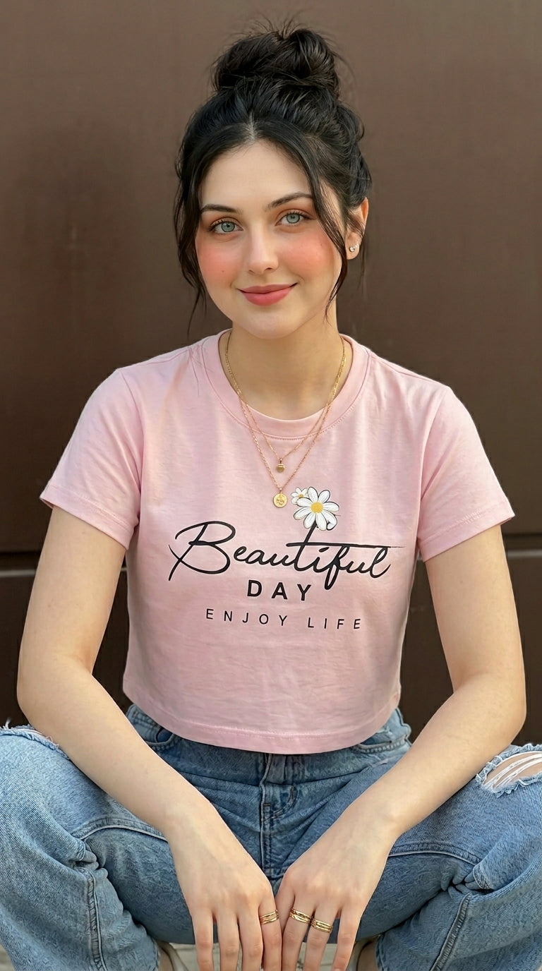 The "Beautiful Day" Pastel Pink Graphic Crop Top