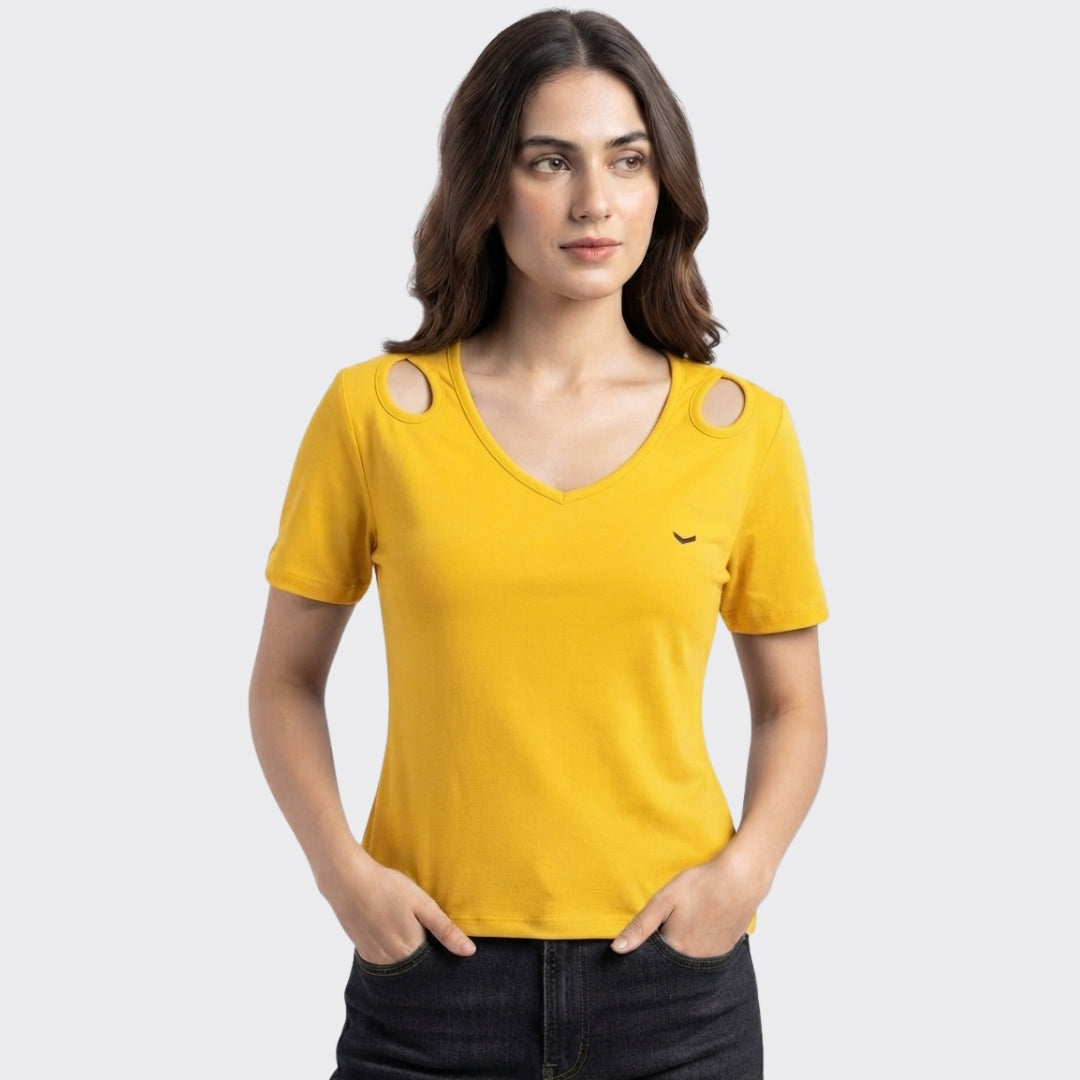 Yellow Ribbed V Neck Crop Top 220 GSM