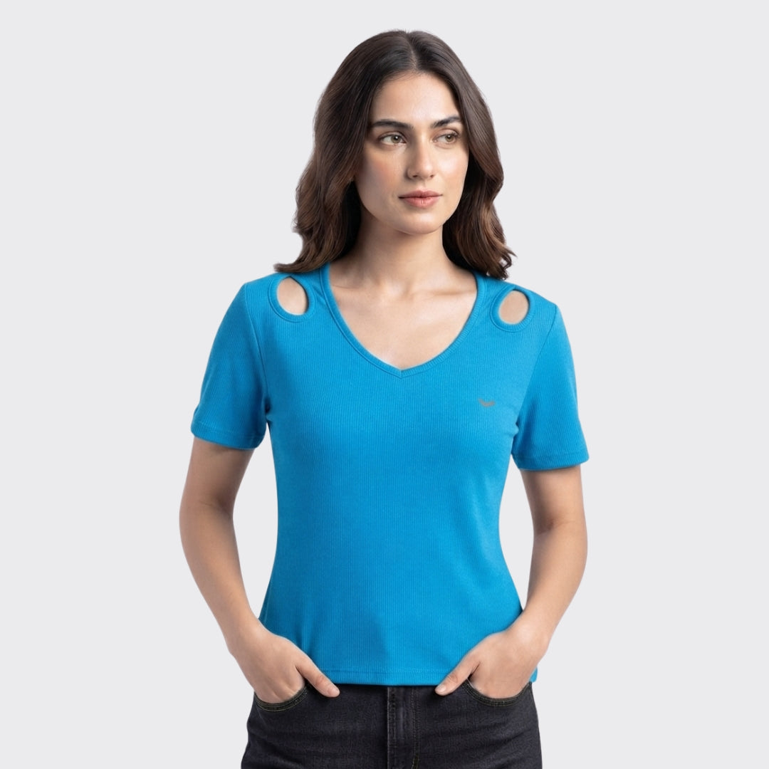 Blue Ribbed V Neck Crop Top 220 GSM