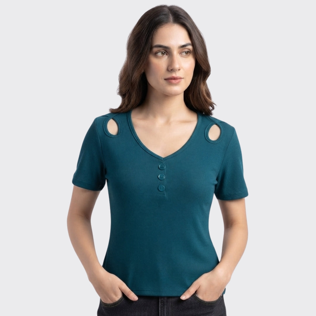 Zinc Ribbed V Neck Button Crop Top 220 GSM