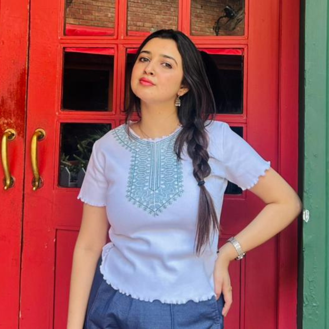 Short Sleeve Sky Blue Neck Align Galla Print Embroidery Look / Indigo Denim Stretch Wide leg Trouser