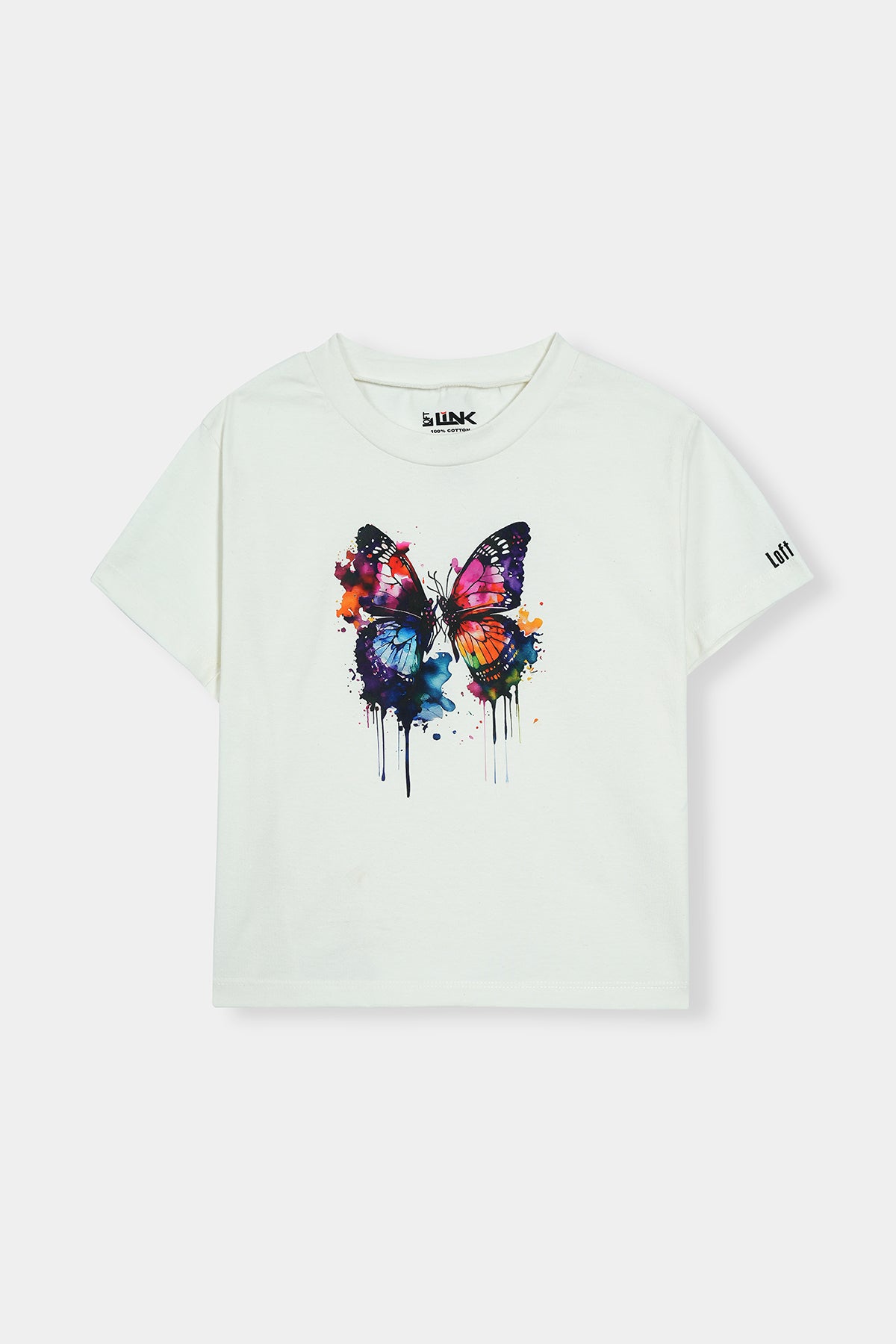 Women' White T-Shirt with Color Splash Butterfly Print – Artistic Casual Wear