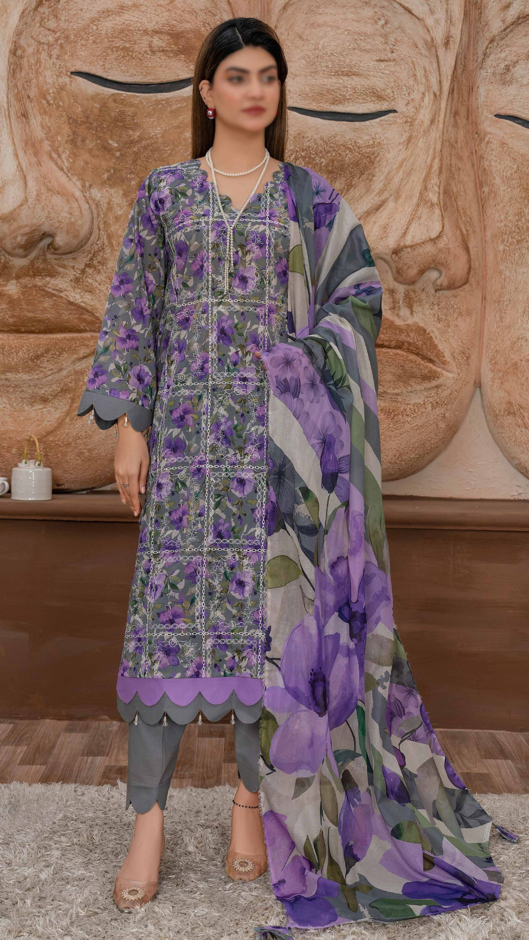 3 PC Chikankari Emroided Printed Lawn - LLS - 02