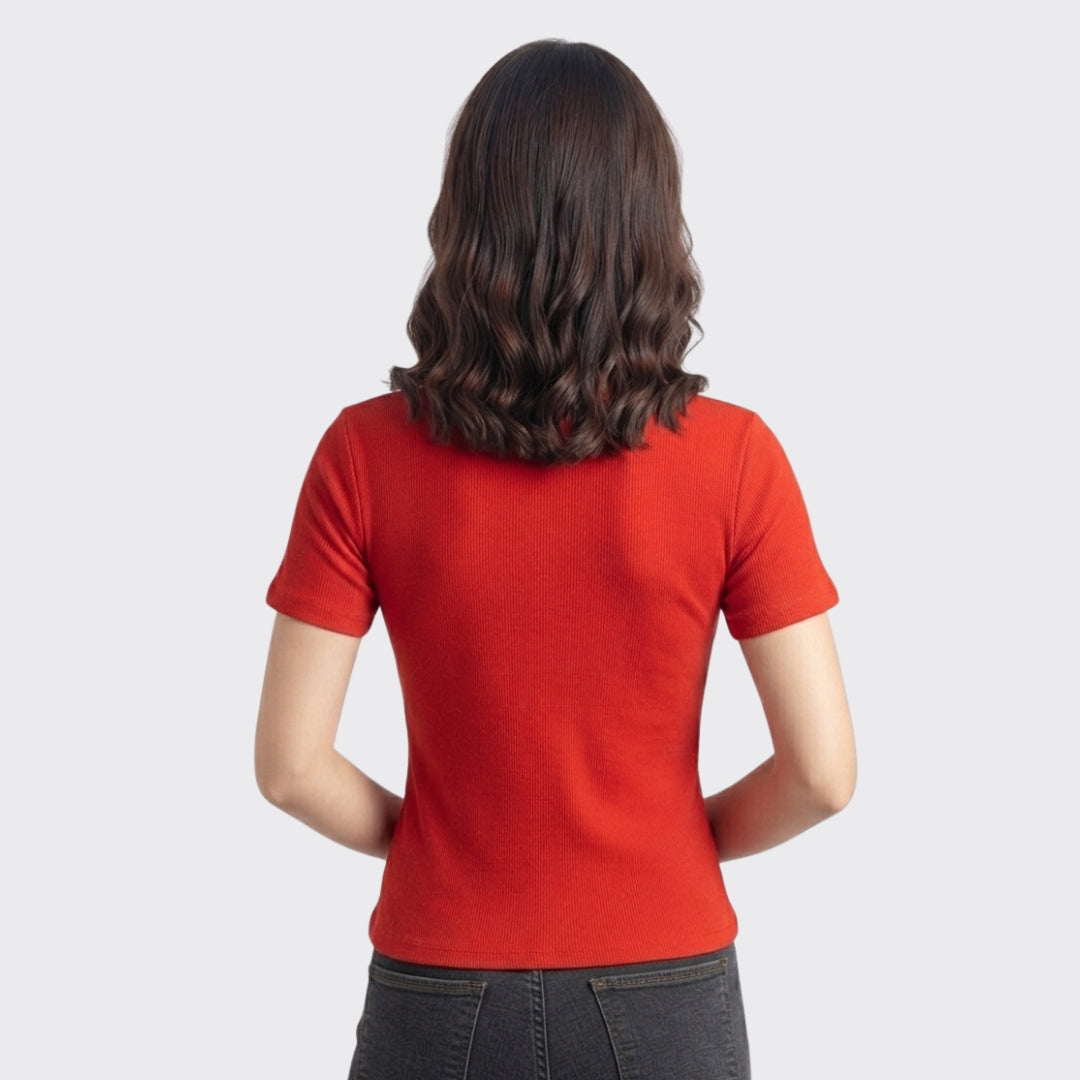 Rust Ribbed V Neck Button Crop Top 220 GSM
