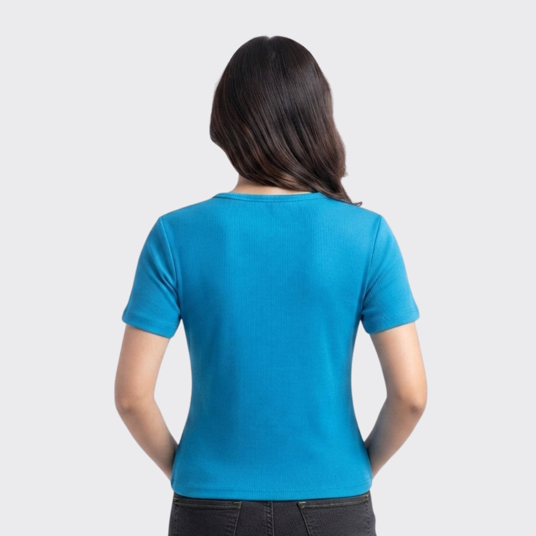 Blue Ribbed V Neck Crop Top 220 GSM