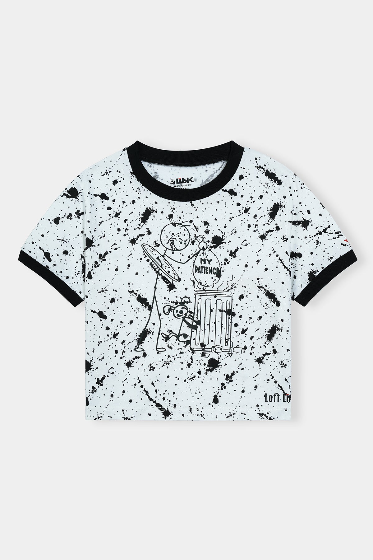 Women' Black & White Graphic T-Shirt – "My Patience" Cartoon Print with Splatter Design