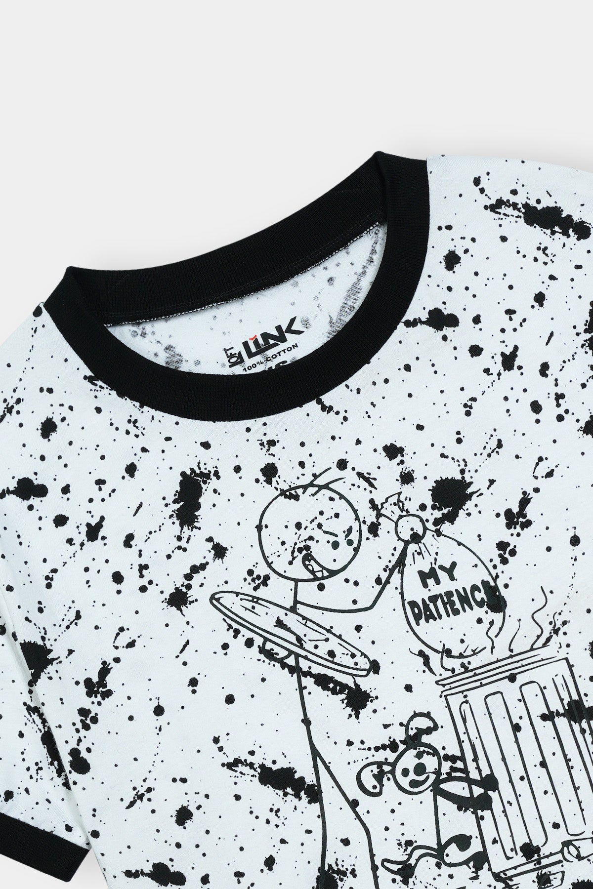 Women' Black & White Graphic T-Shirt – "My Patience" Cartoon Print with Splatter Design