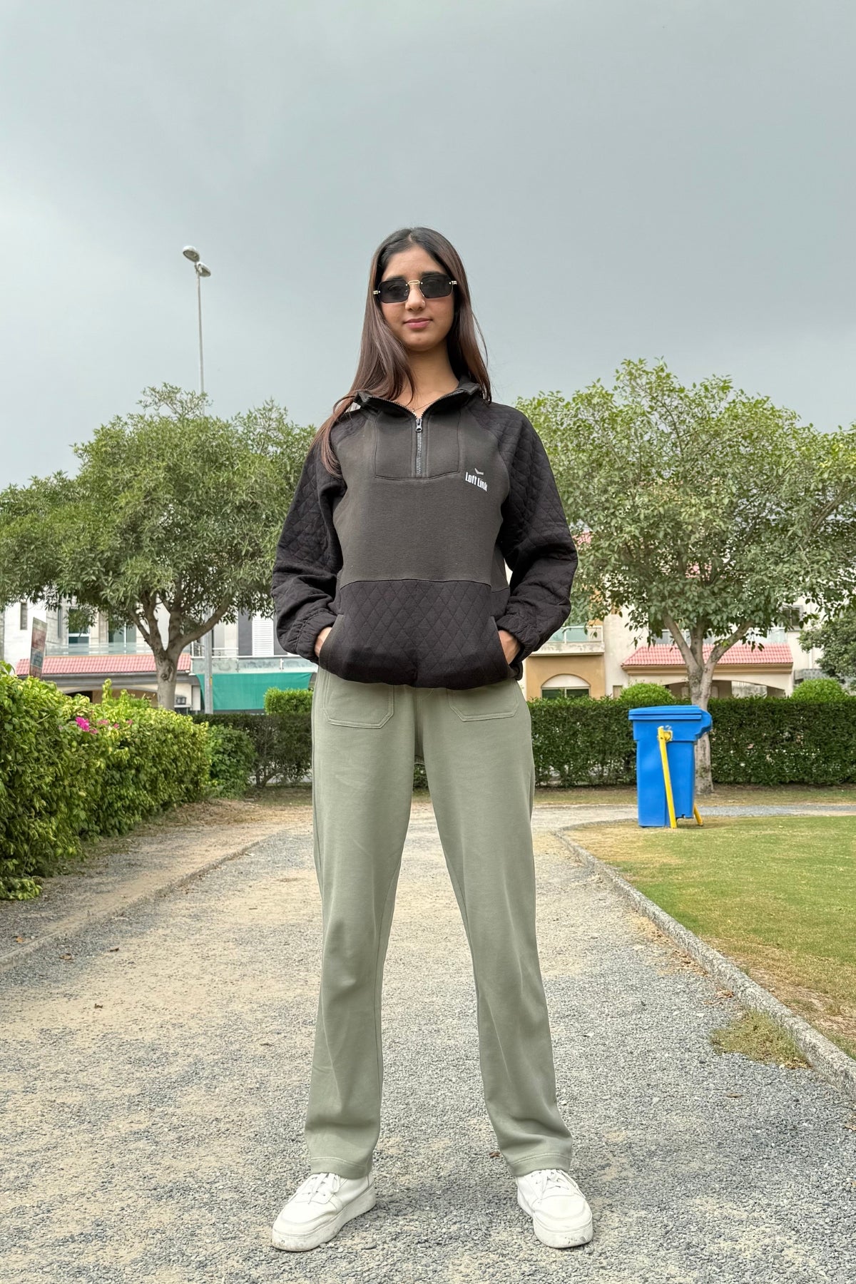 Half-Zipper and Black Panel Design & Green Color and Regular Fit Trouser